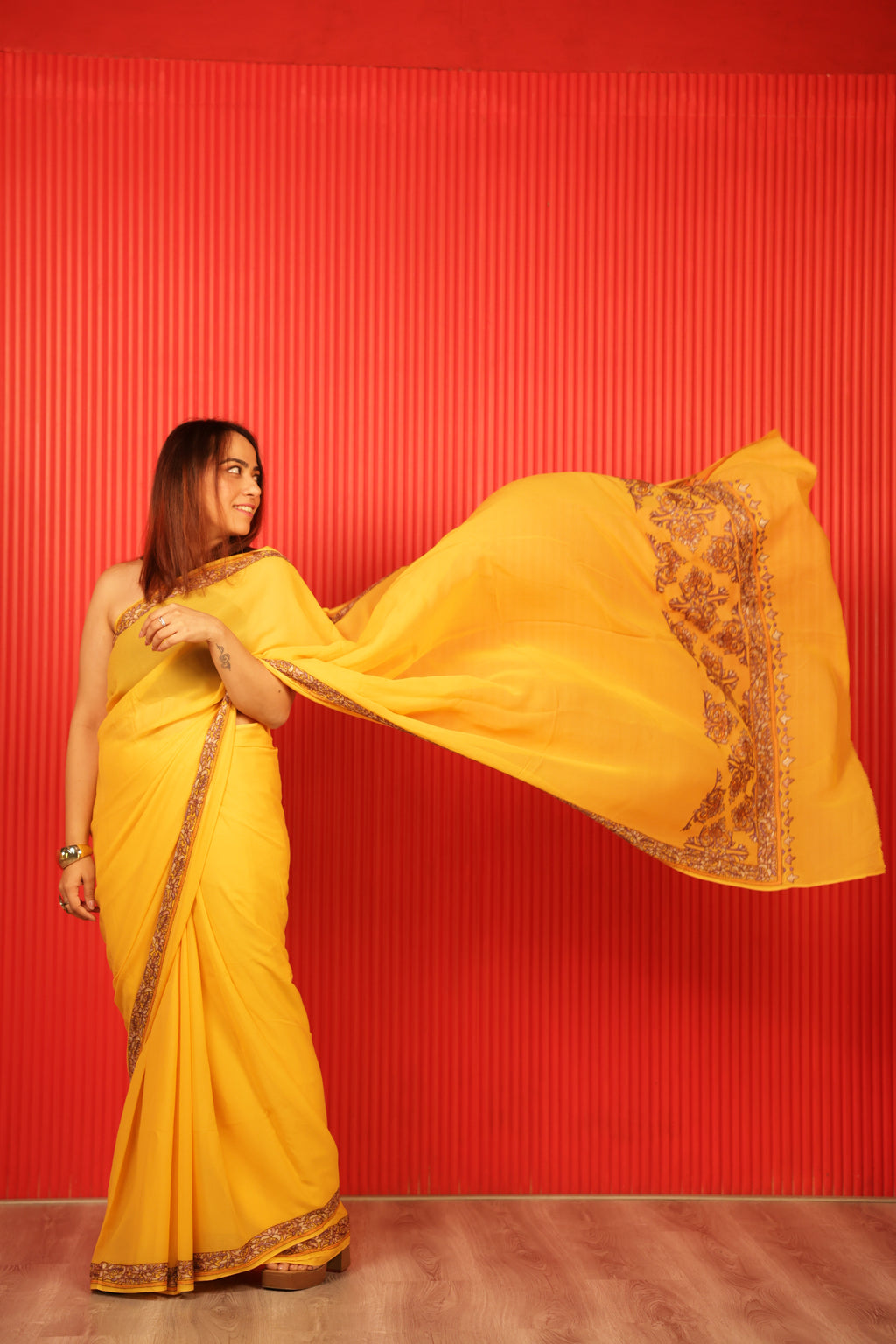 Yellow Crepe Saree – Handcrafted Sozni Work