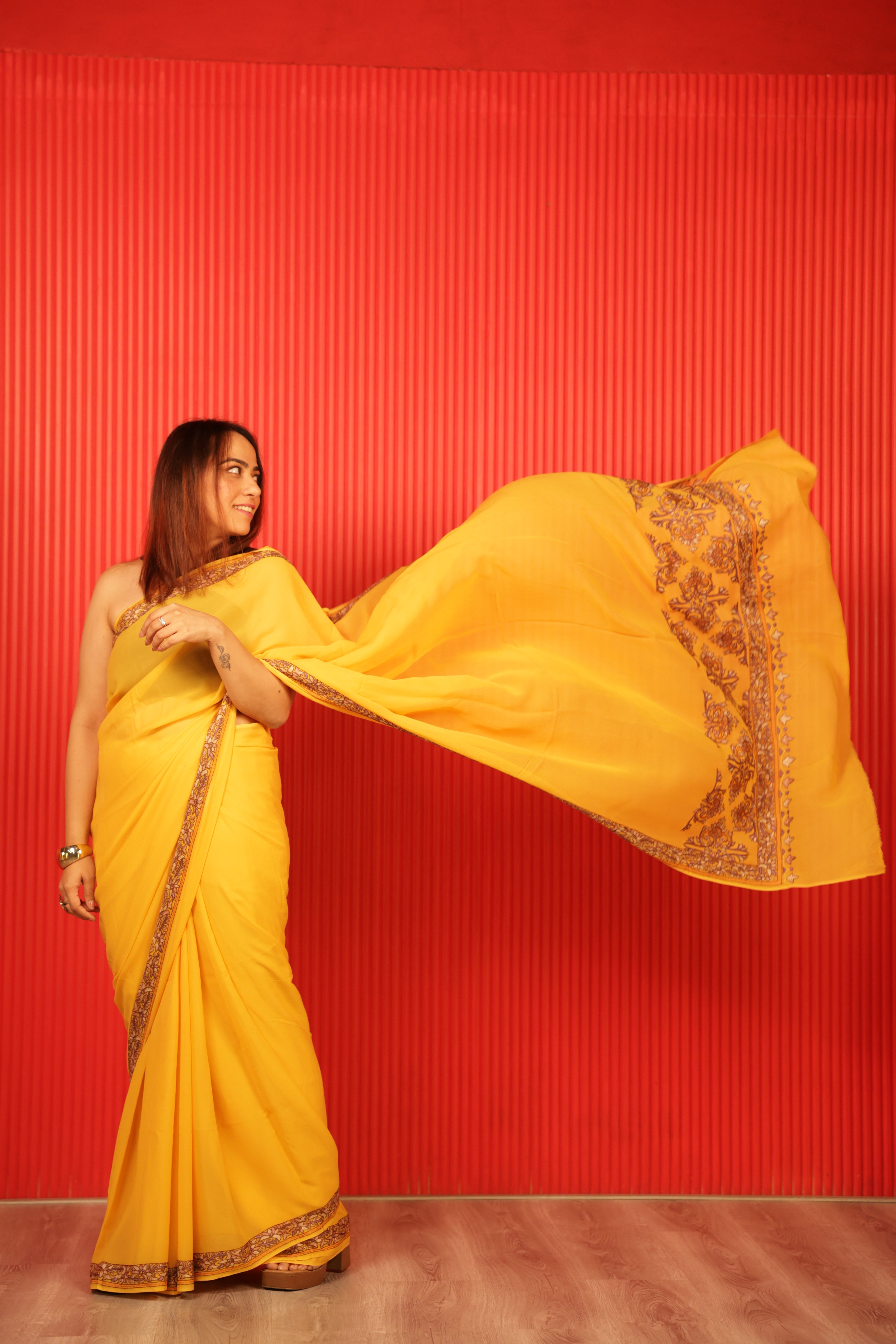 Yellow Crepe Saree – Handcrafted Sozni Work