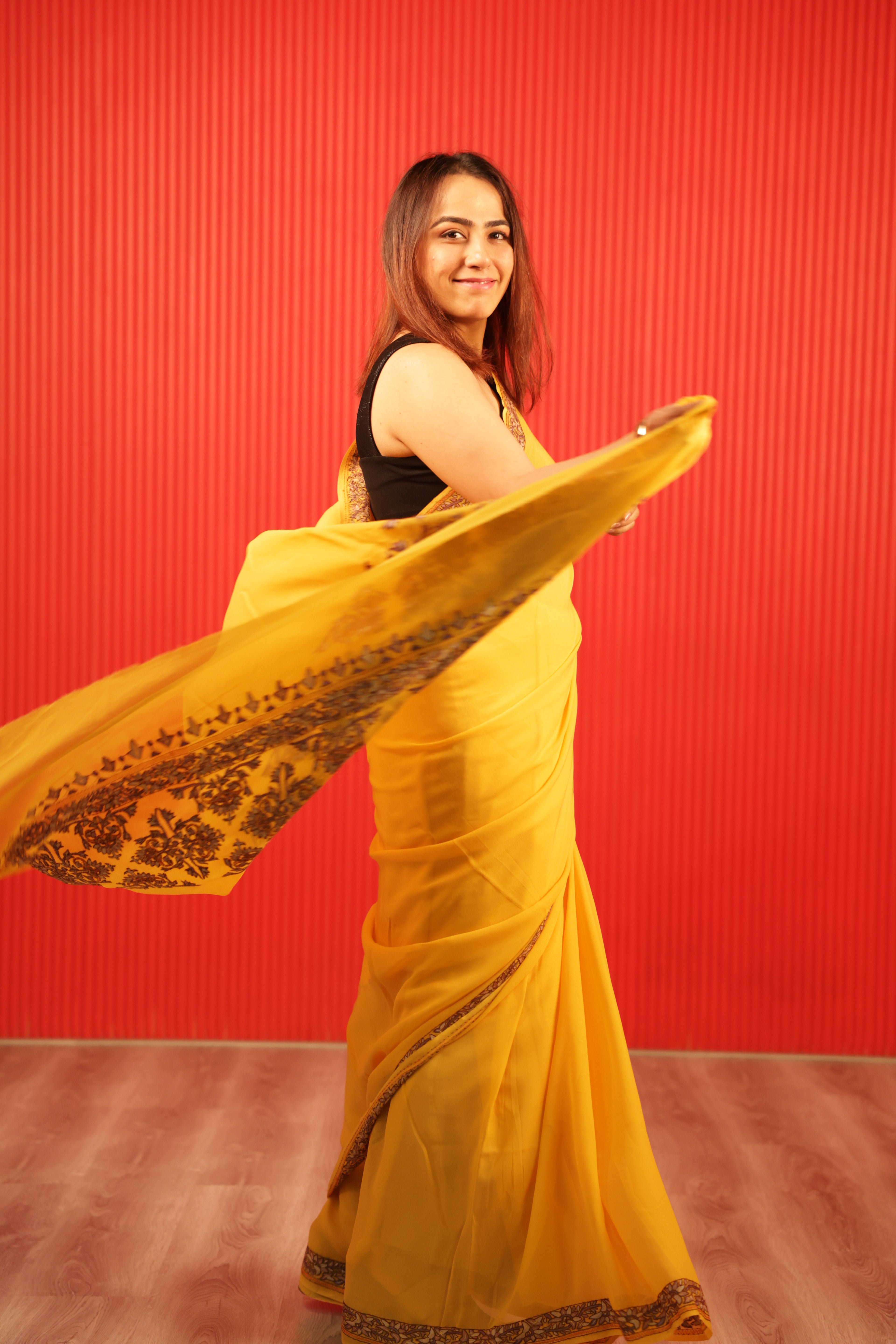 Yellow Crepe Saree – Handcrafted Sozni Work