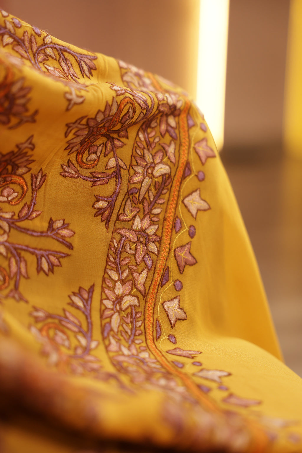 Yellow Crepe Saree – Handcrafted Sozni Work