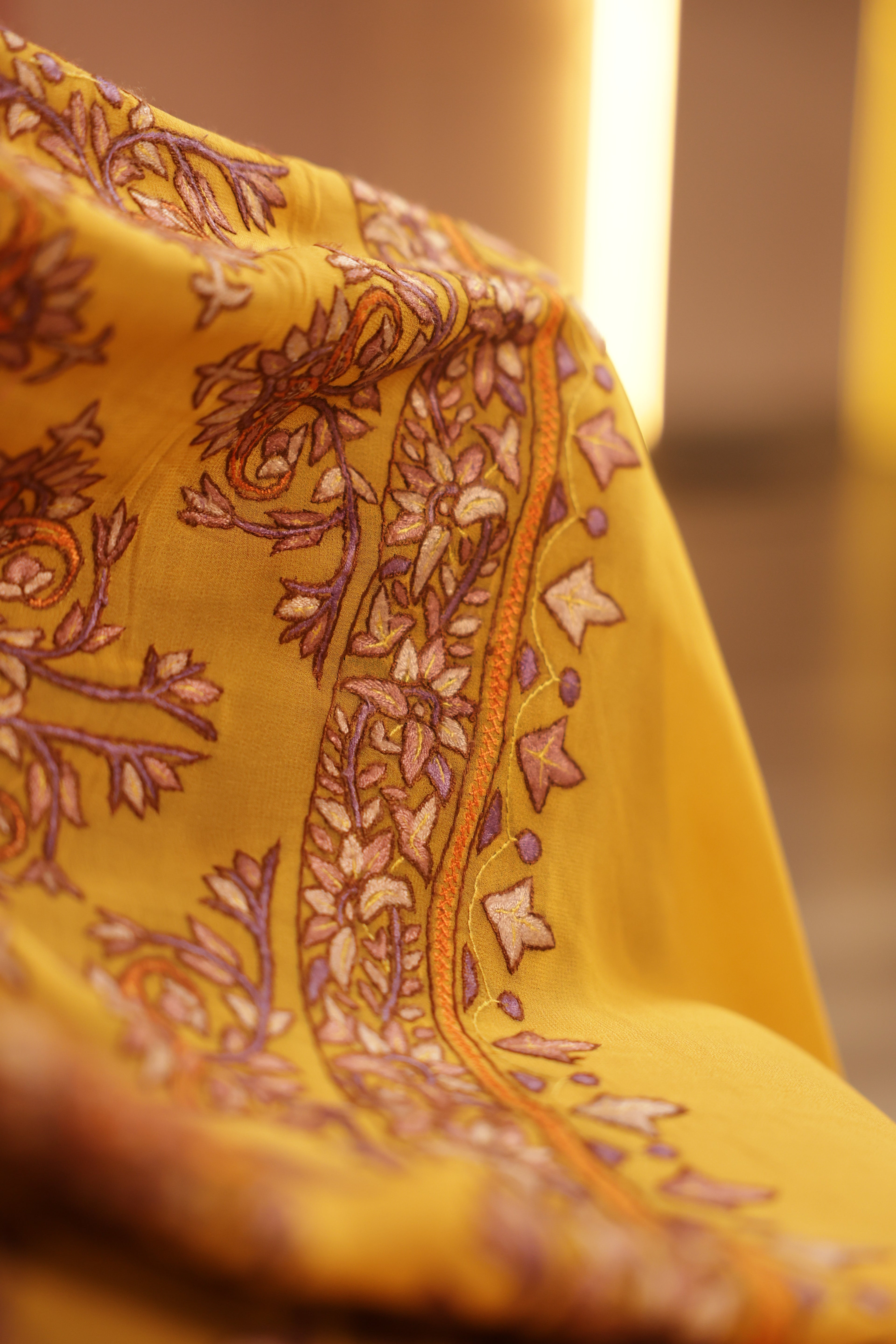 Yellow Crepe Saree – Handcrafted Sozni Work