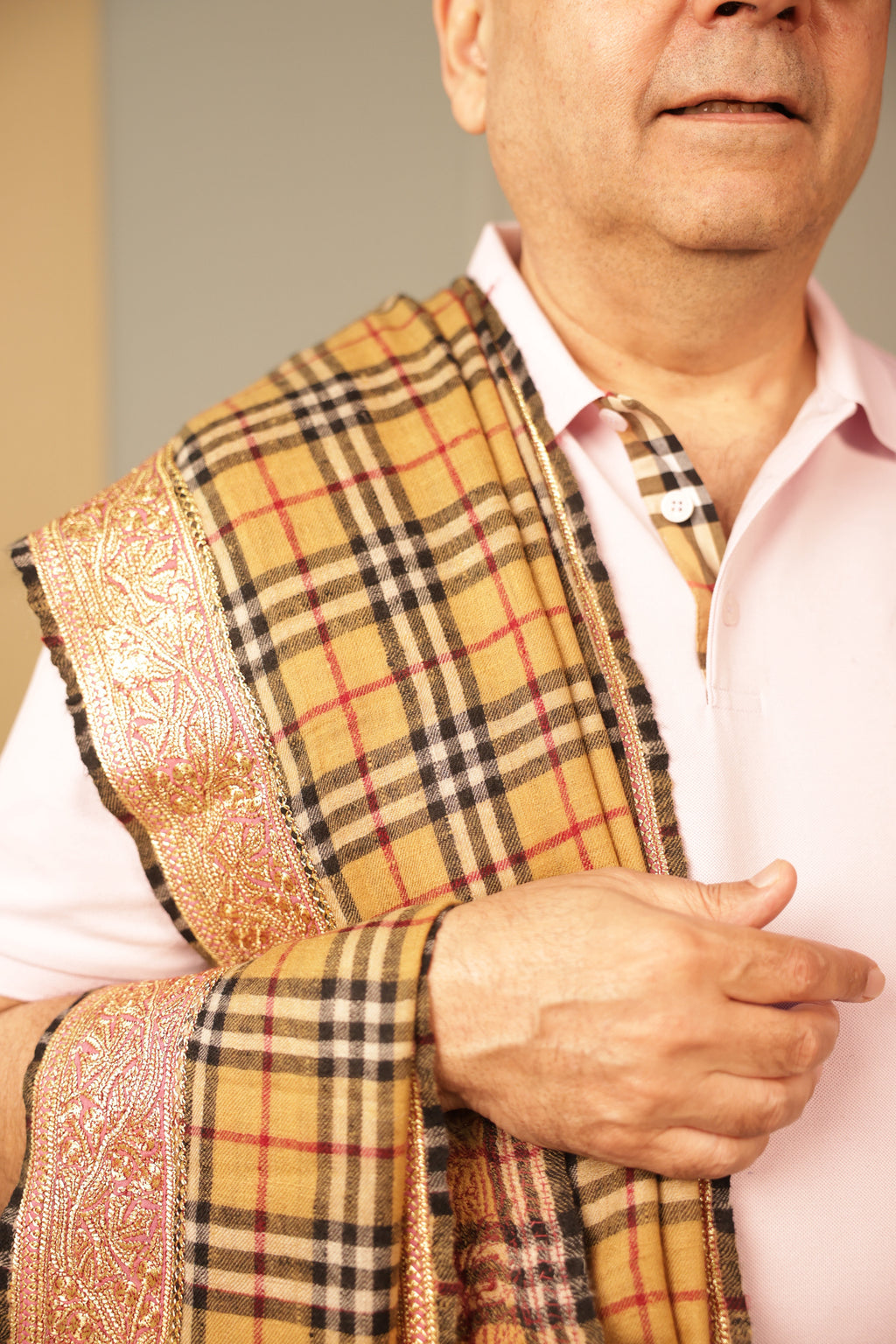 Pashmina Shawl – Handcrafted Tilla Embroidery with Burberry Design