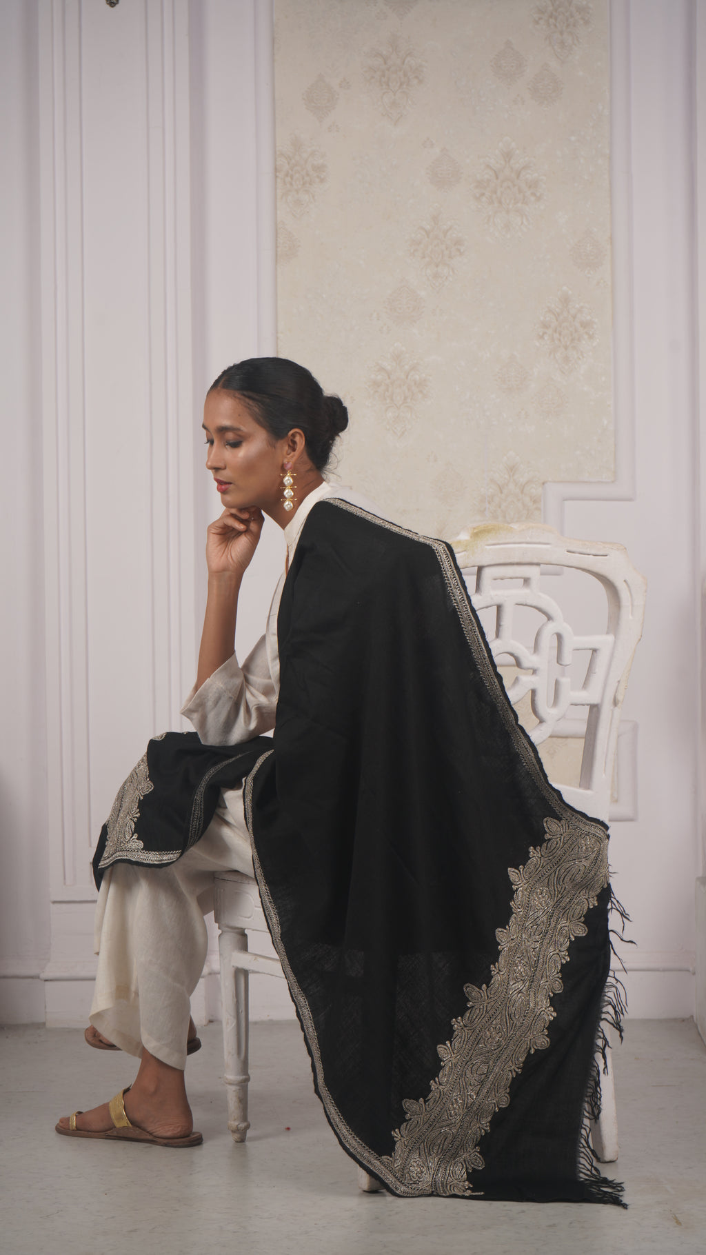 Silver Tilla Hand-Embroidered Pashmina Stole