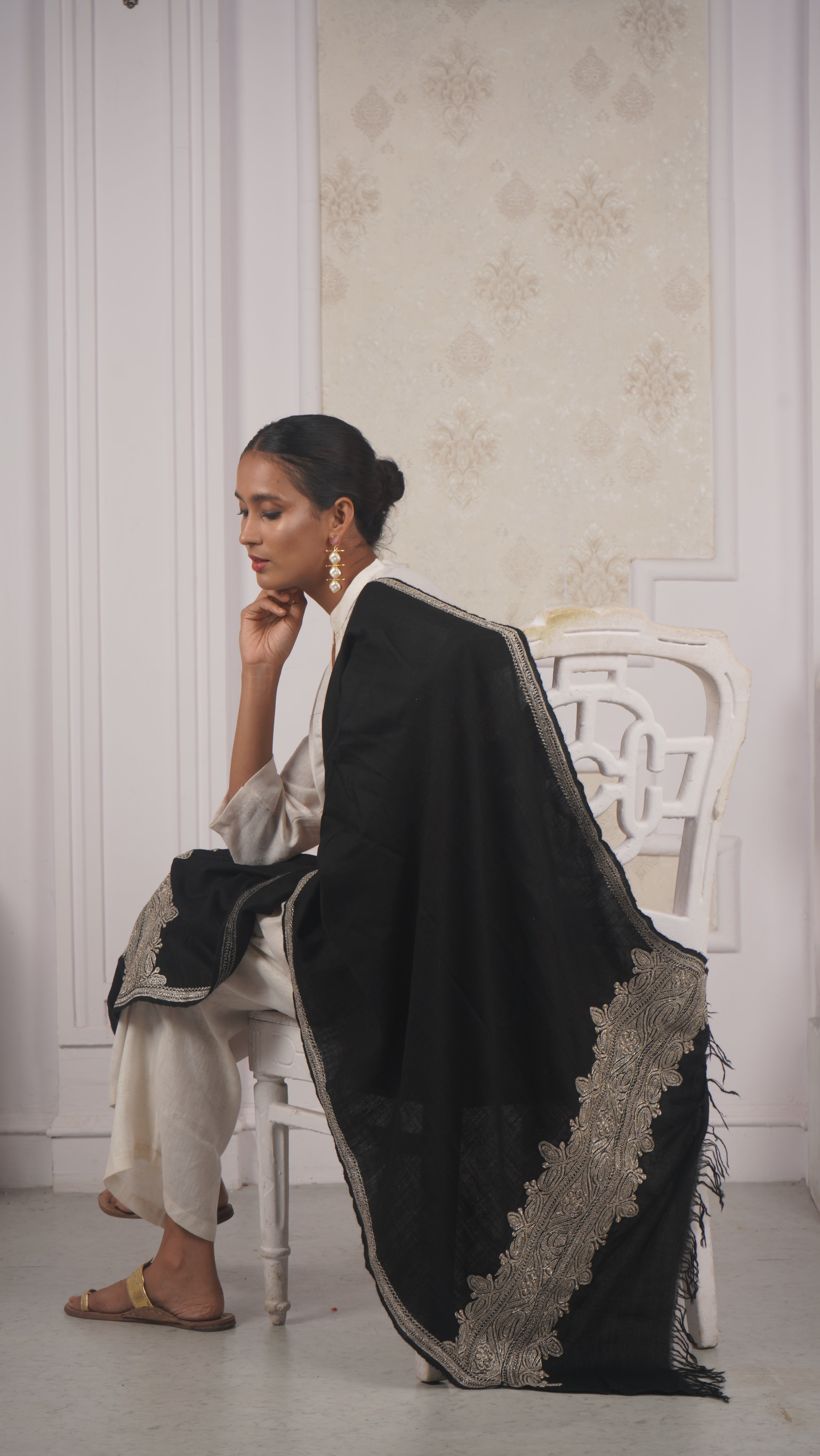 Silver Tilla Hand-Embroidered Pashmina Stole