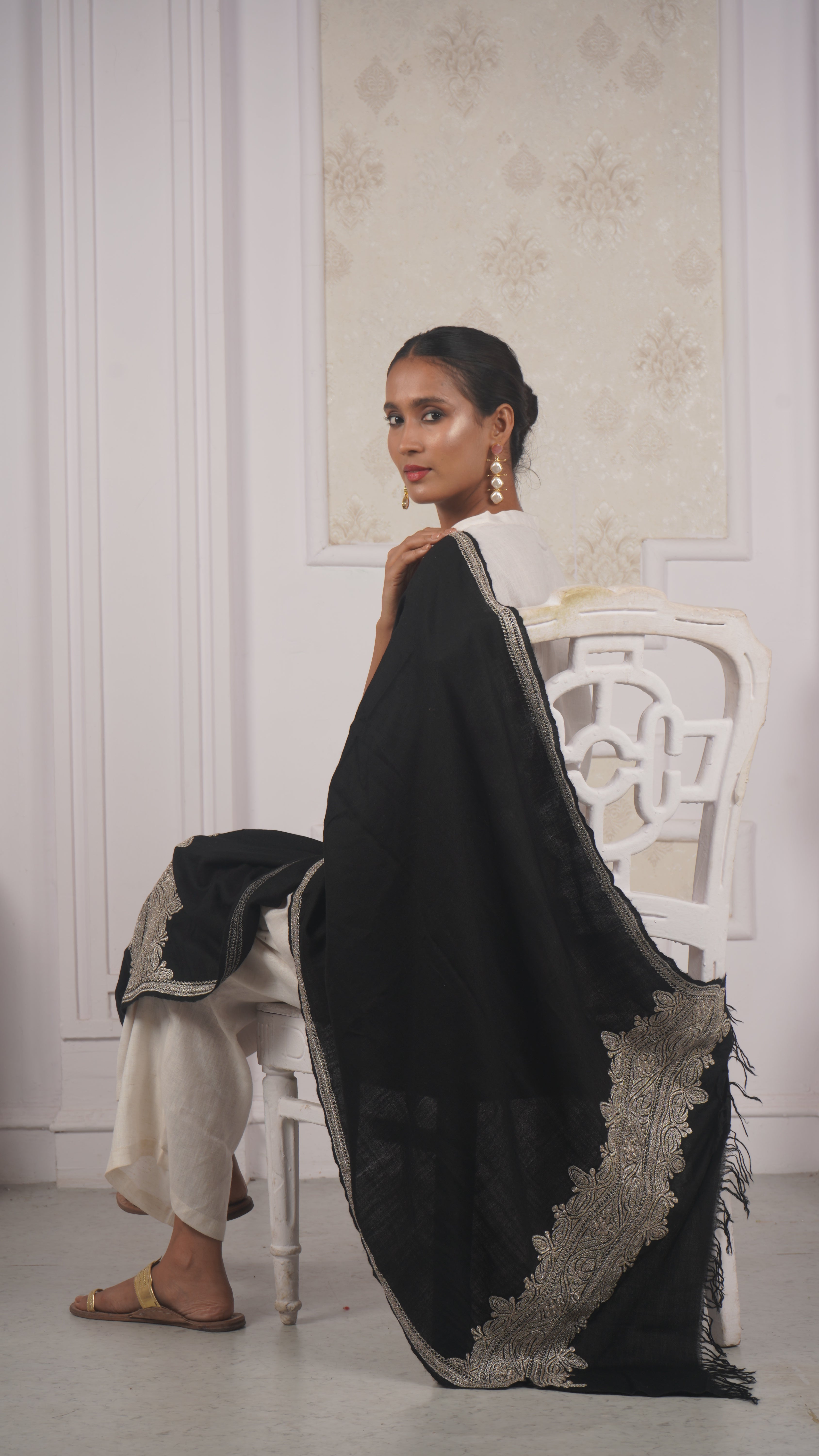 Silver Tilla Hand-Embroidered Pashmina Stole