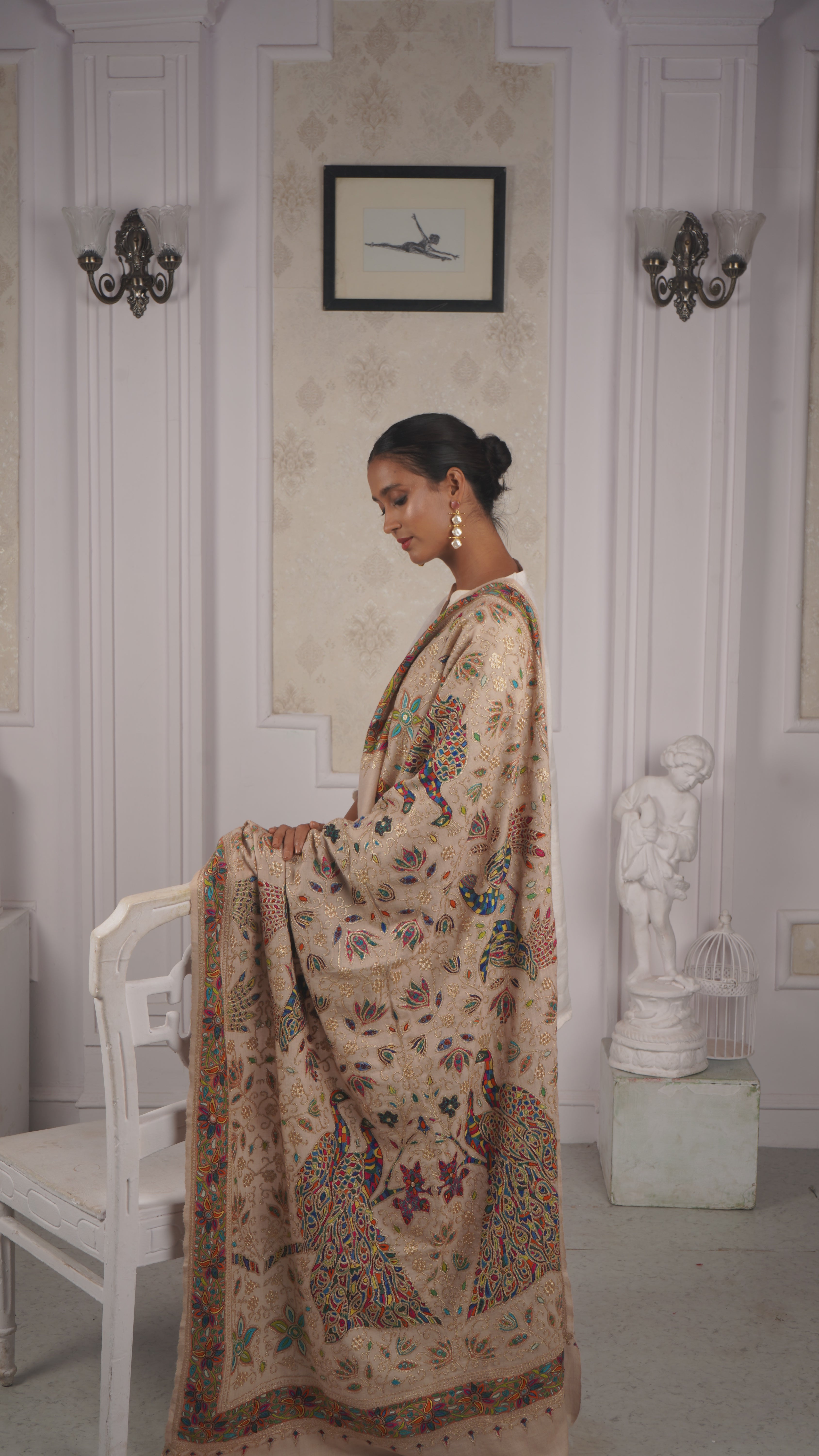 Heirloom Shawl with Hand-Embroidered Peacocks in Tilla & Sozni