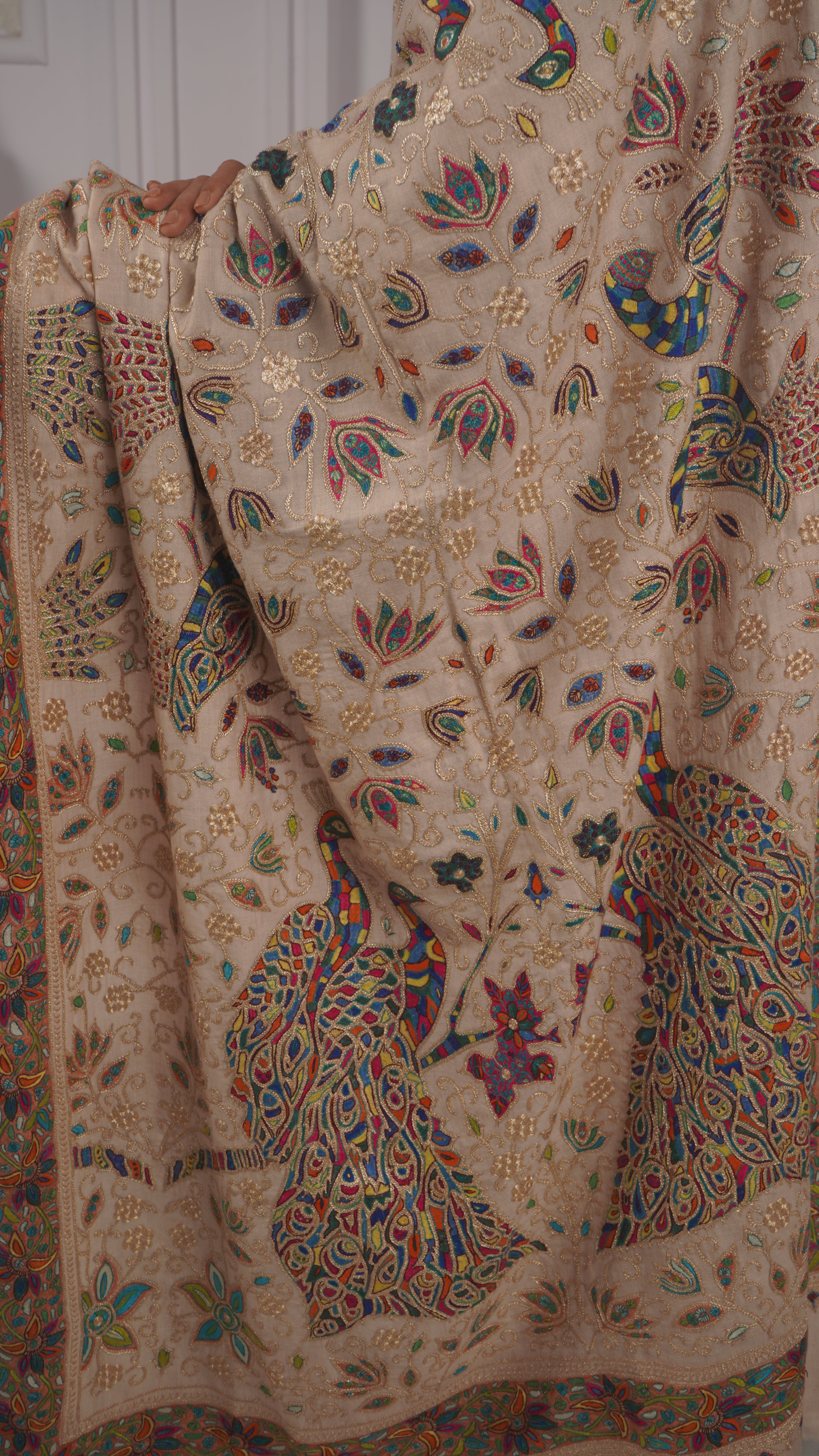 Heirloom Shawl with Hand-Embroidered Peacocks in Tilla & Sozni