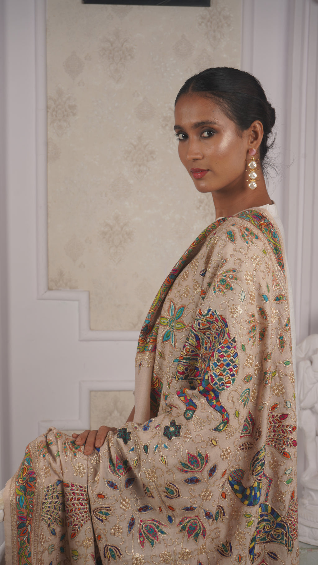 Heirloom Shawl with Hand-Embroidered Peacocks in Tilla & Sozni