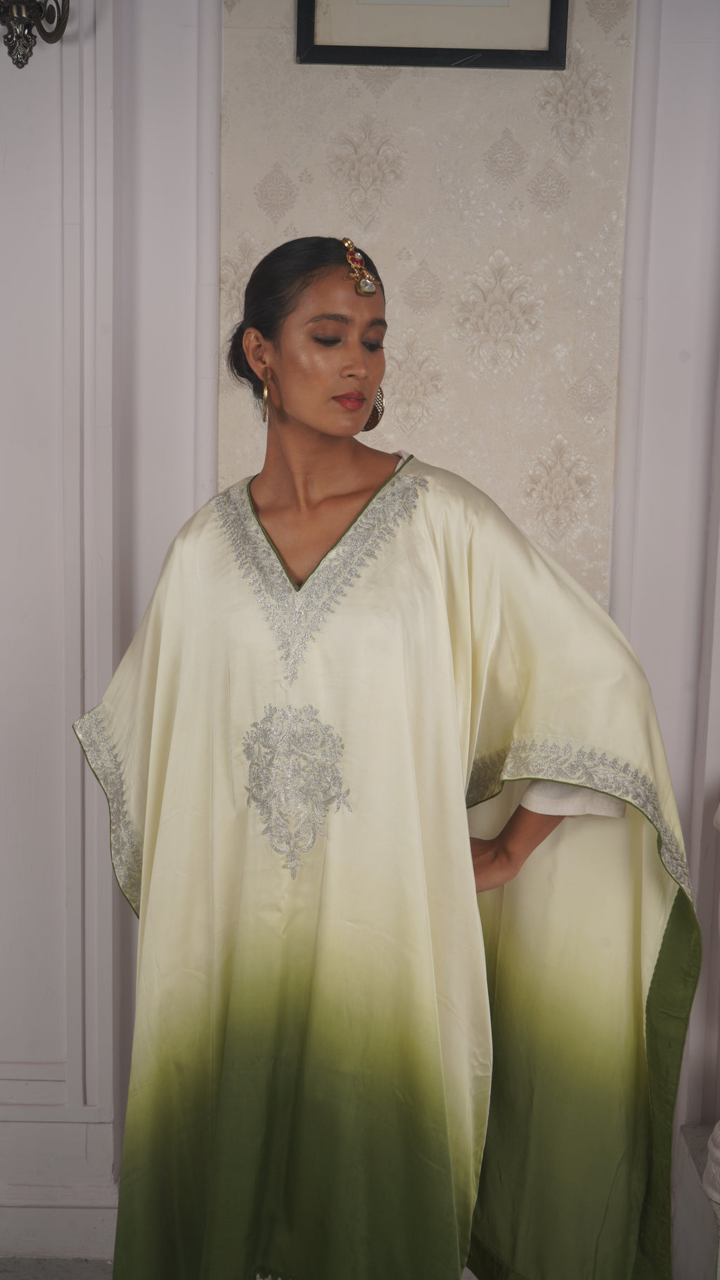 Ombre Modal Silk Kaftan – With Metallic Tilla Embroidery
