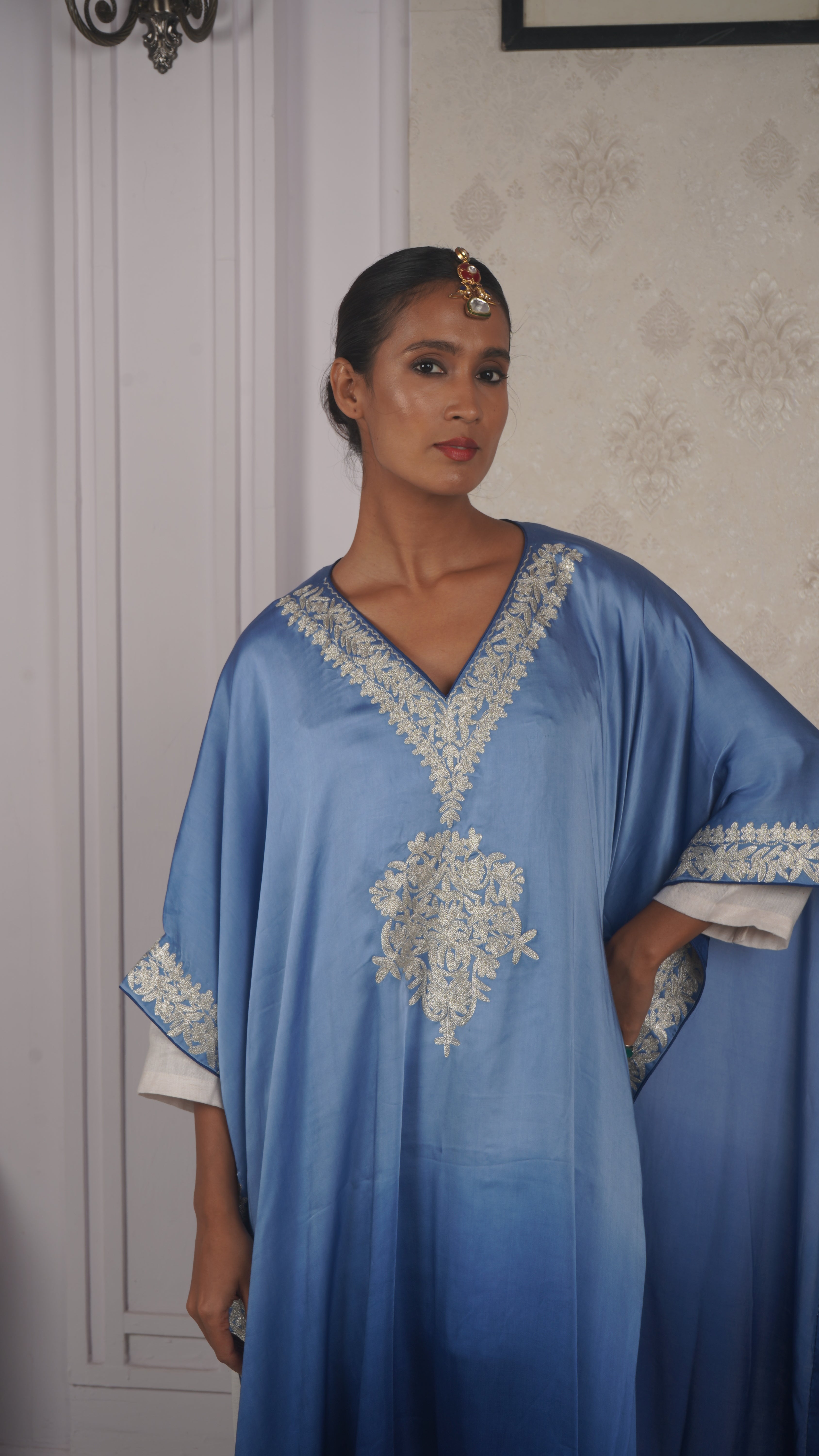 Ombre Modal Silk Kaftan – With Metallic Tilla Embroidery