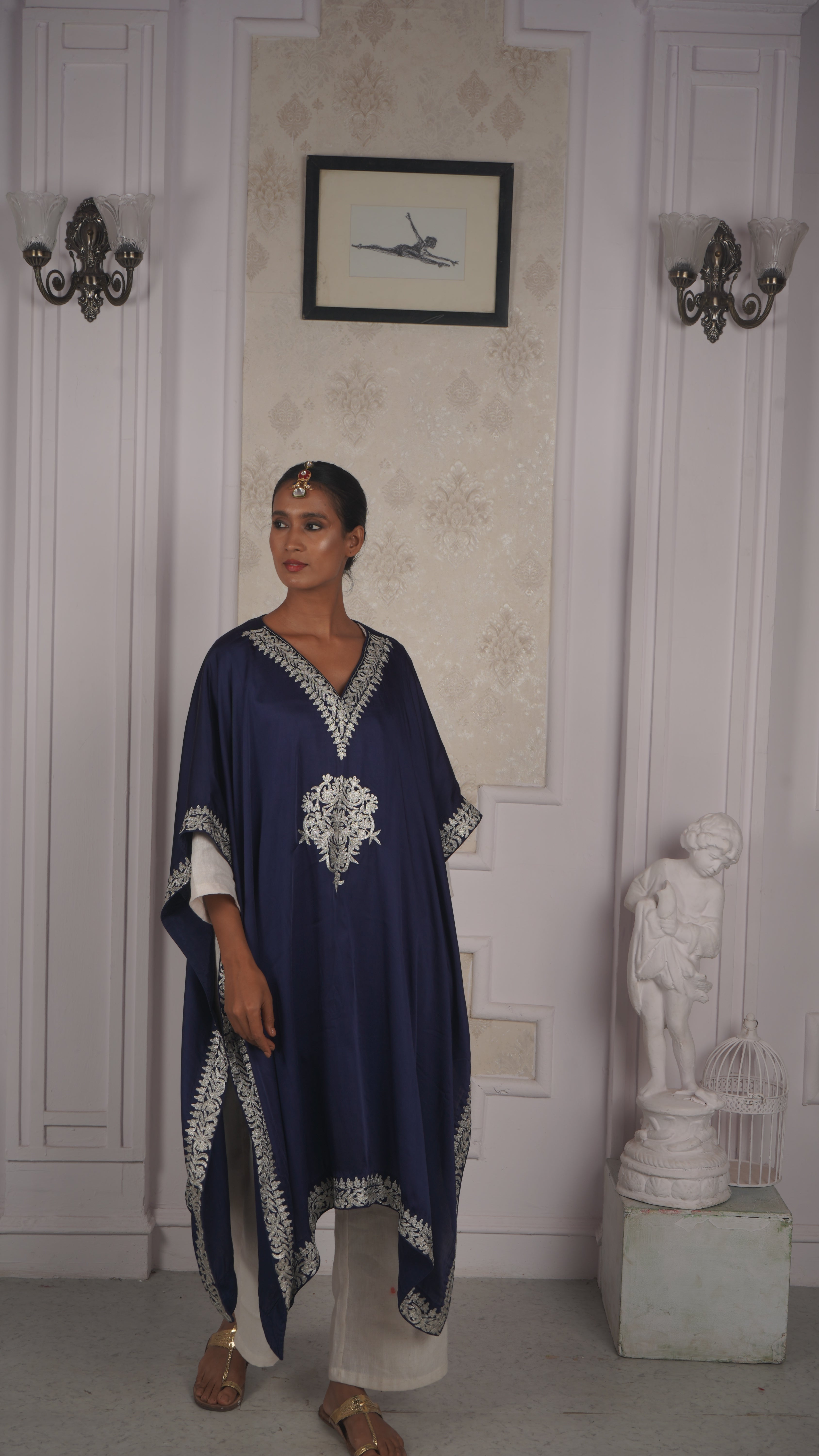 Pure Modal Silk Blue Kaftan with  Tilla Embroidery