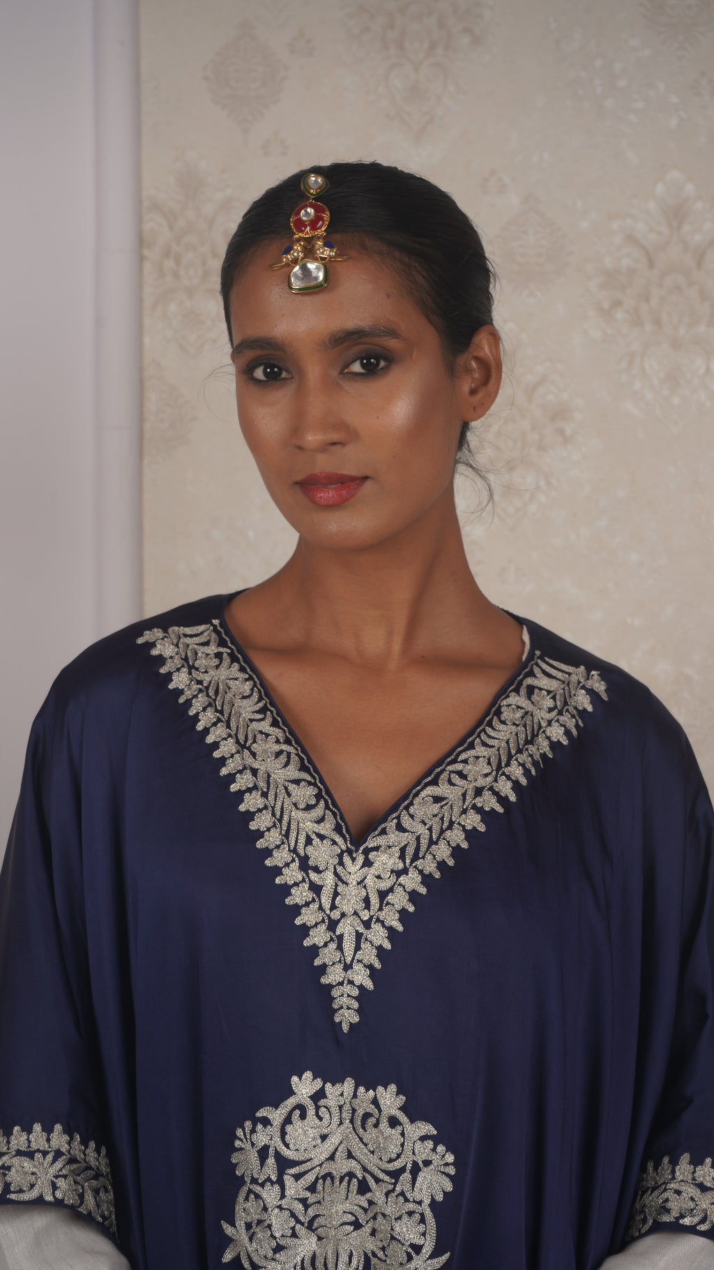 Pure Modal Silk Blue Kaftan with  Tilla Embroidery
