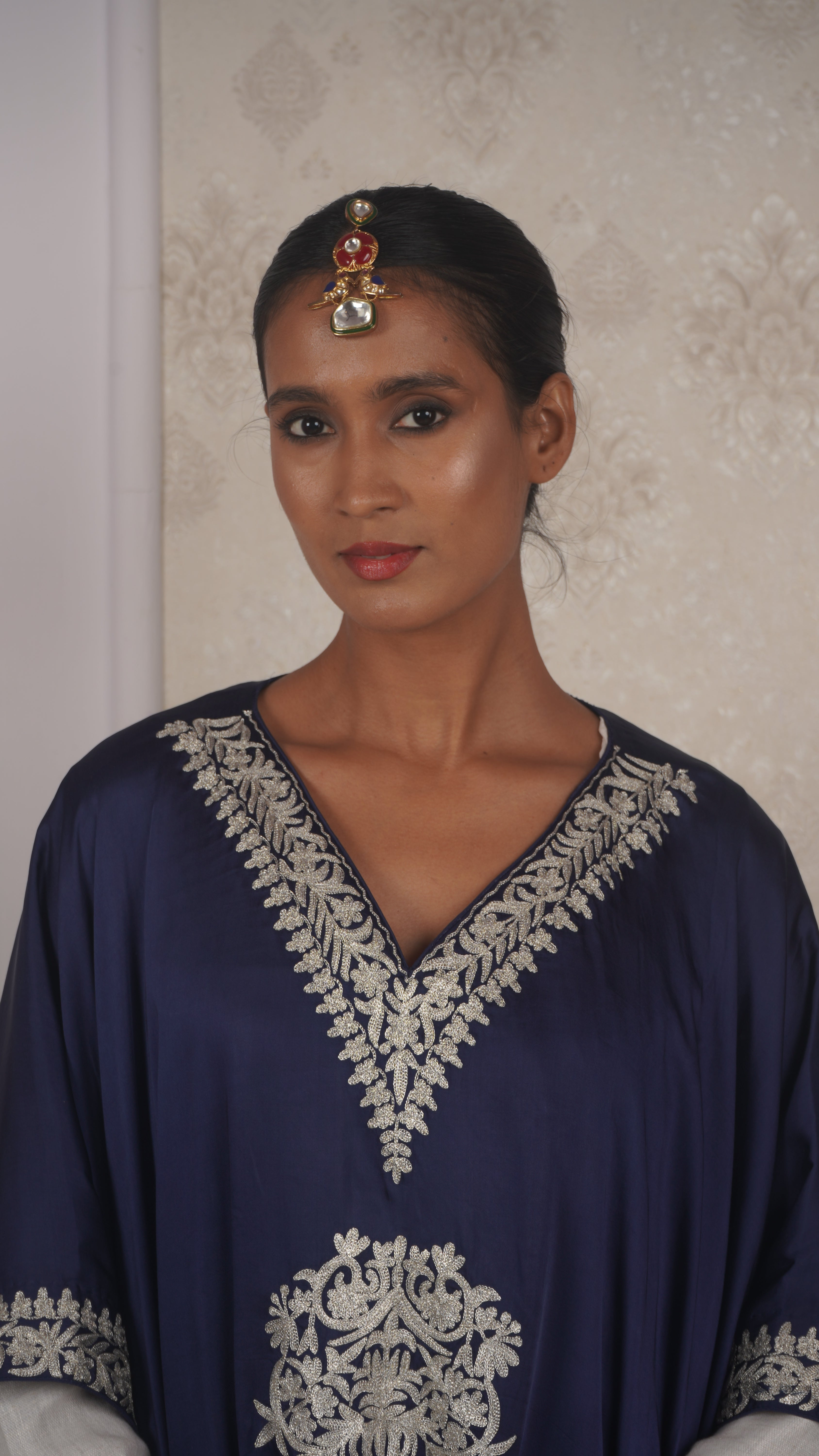 Pure Modal Silk Blue Kaftan with  Tilla Embroidery
