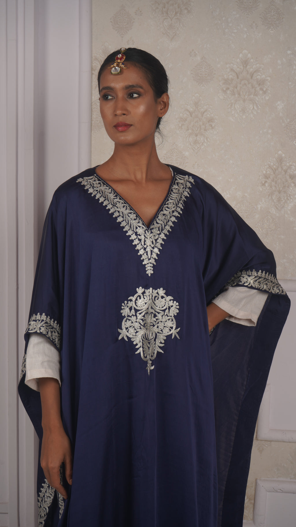 Pure Modal Silk Blue Kaftan with  Tilla Embroidery