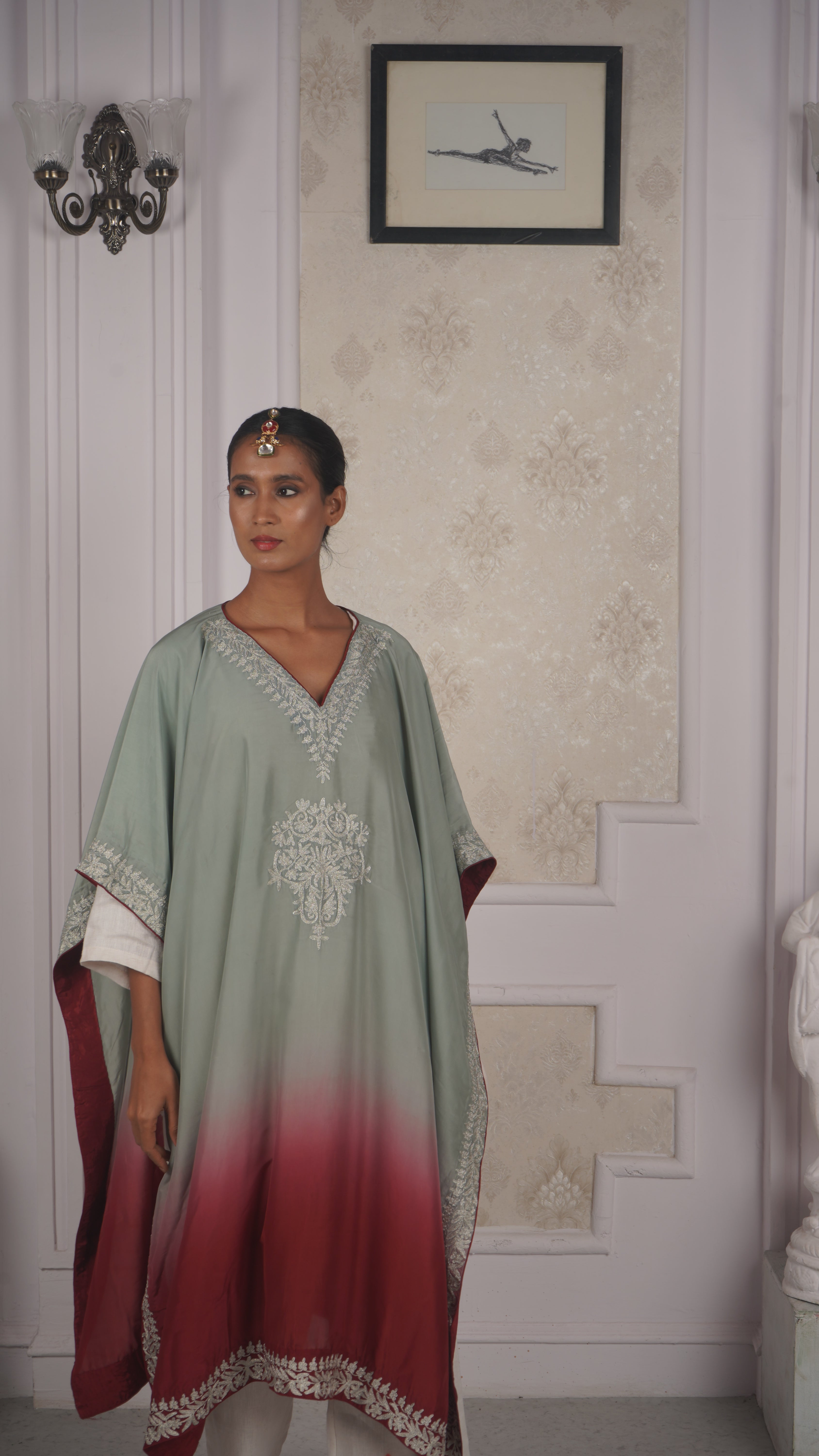 Ombre Modal Silk Kaftan – With Metallic Tilla Embroidery