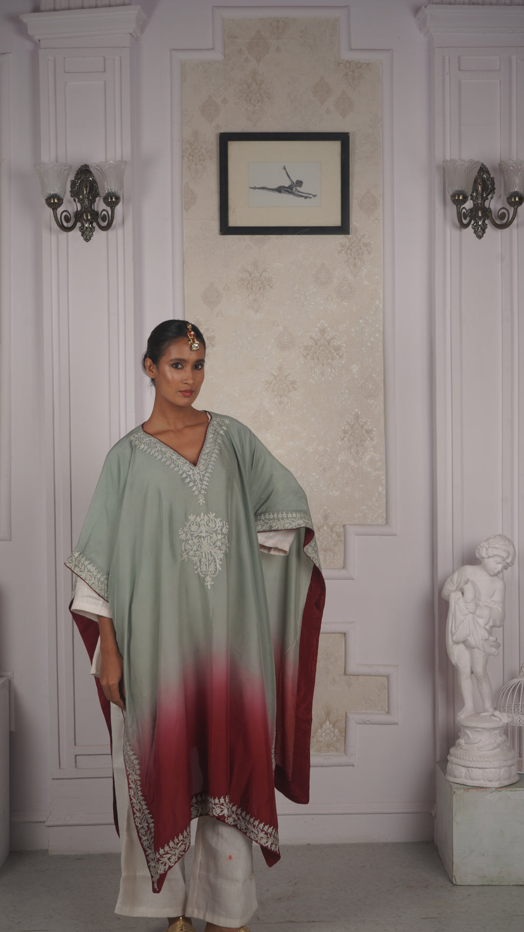 Ombre Modal Silk Kaftan – With Metallic Tilla Embroidery