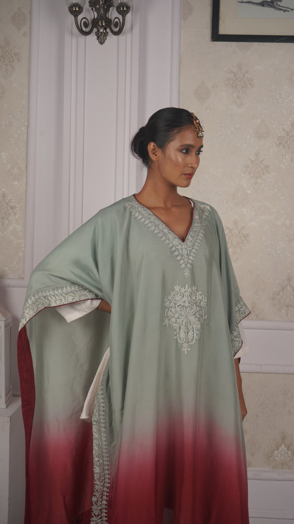 Ombre Modal Silk Kaftan – With Metallic Tilla Embroidery