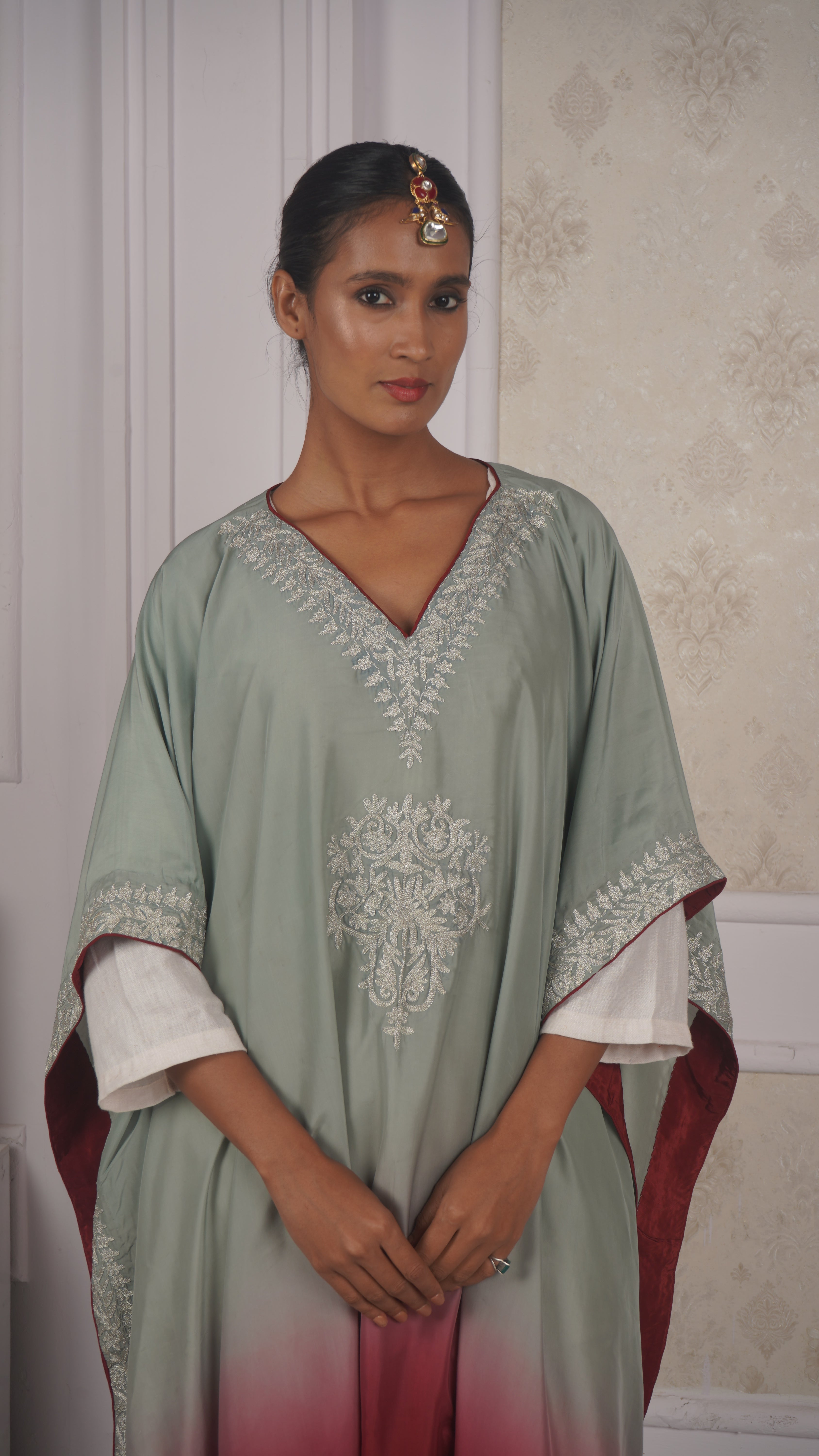 Ombre Modal Silk Kaftan – With Metallic Tilla Embroidery
