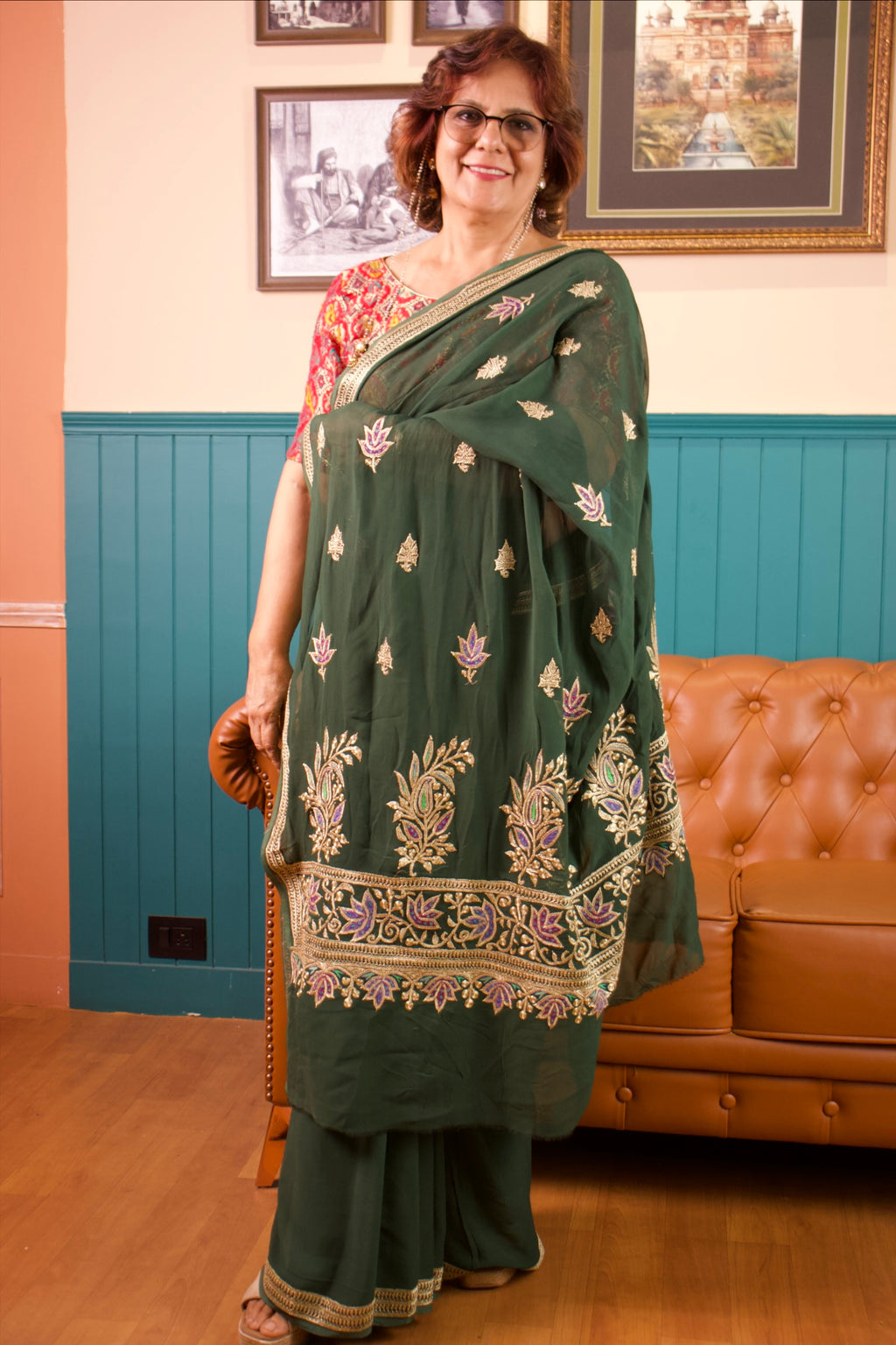 Green Georgette Saree – Handcrafted Tilla & Sozni Embroidery