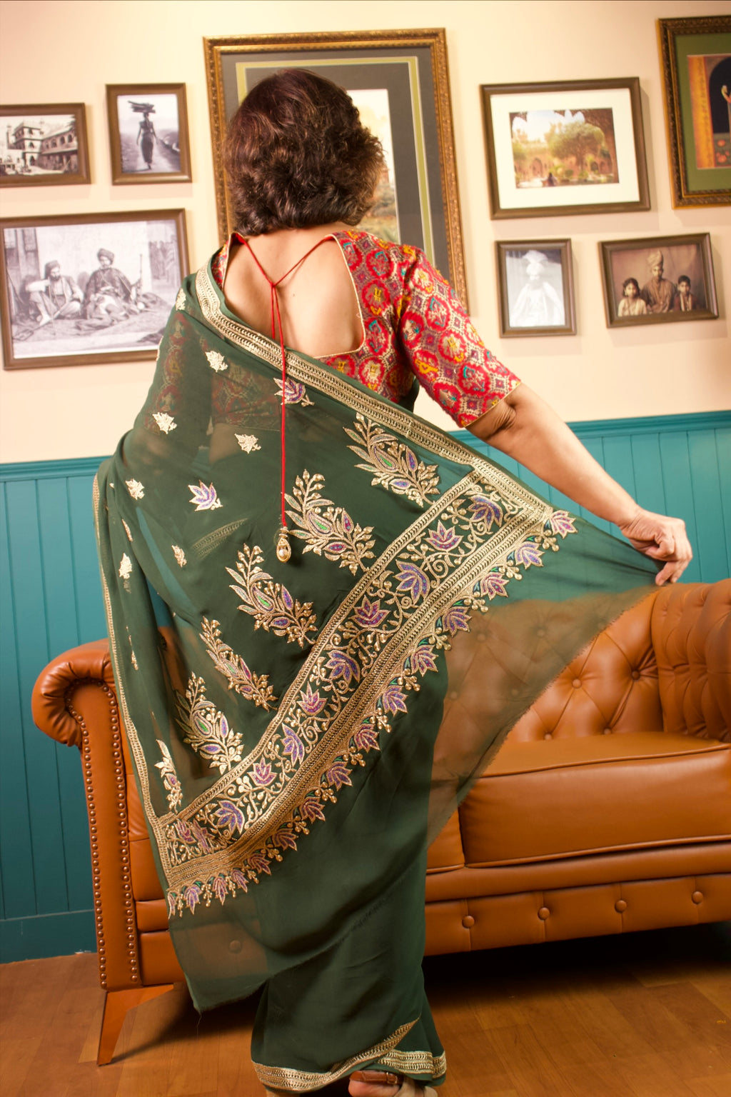 Green Georgette Saree – Handcrafted Tilla & Sozni Embroidery