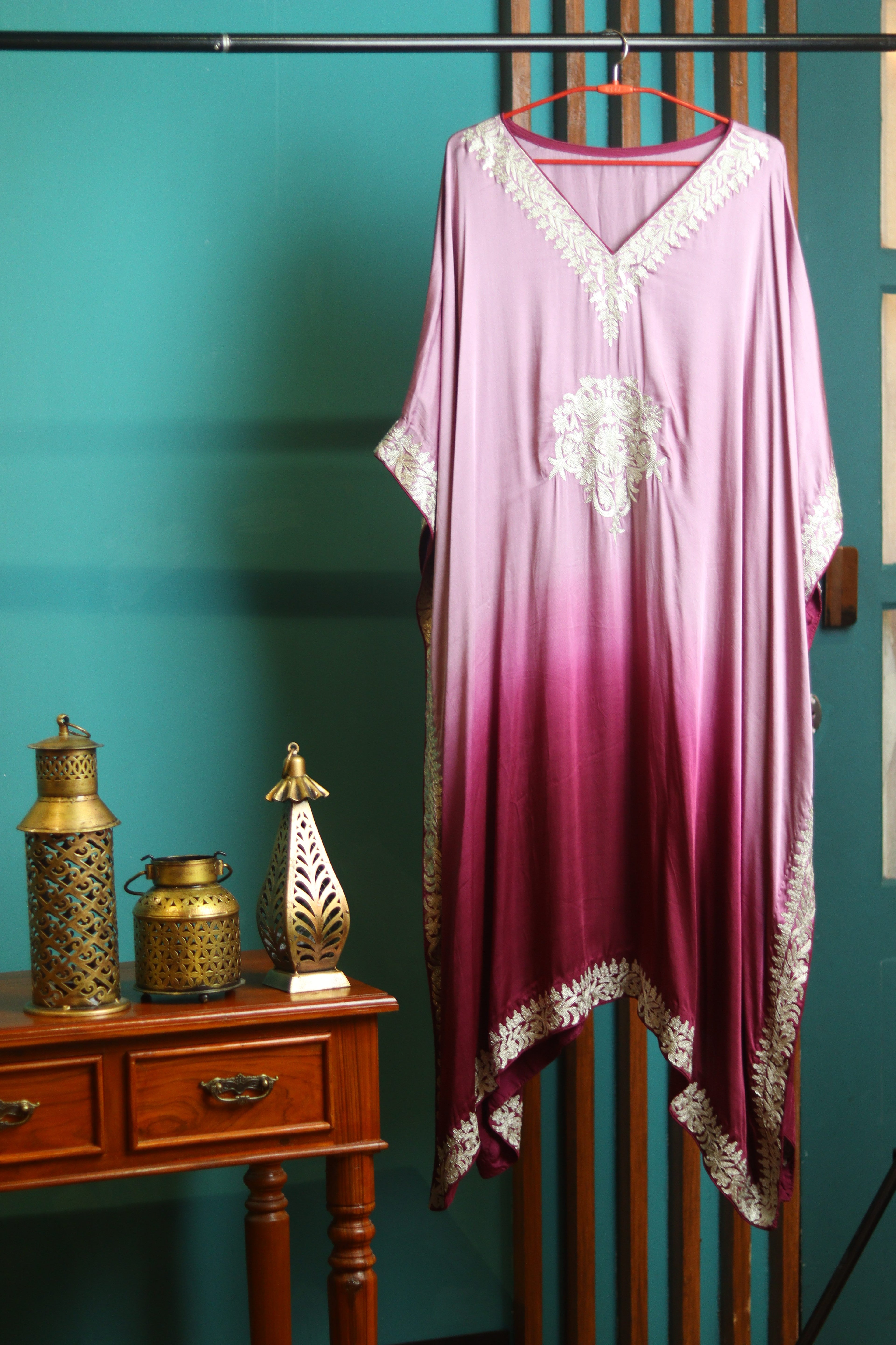 Ombre Modal Silk Kaftan – With Metallic Tilla Embroidery