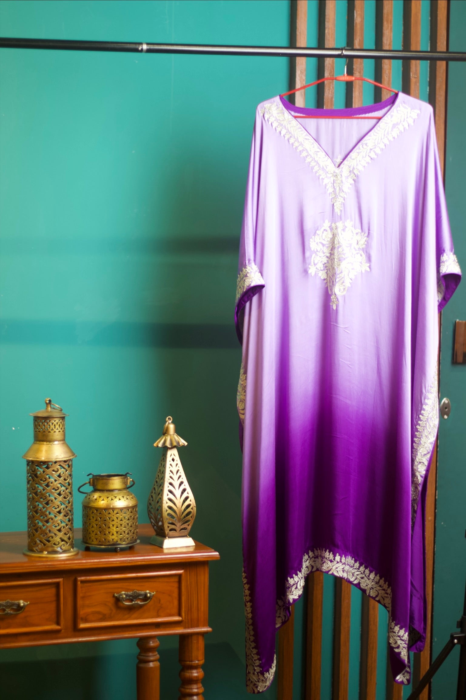 Ombre Modal Silk Kaftan – With Metallic Tilla Embroidery