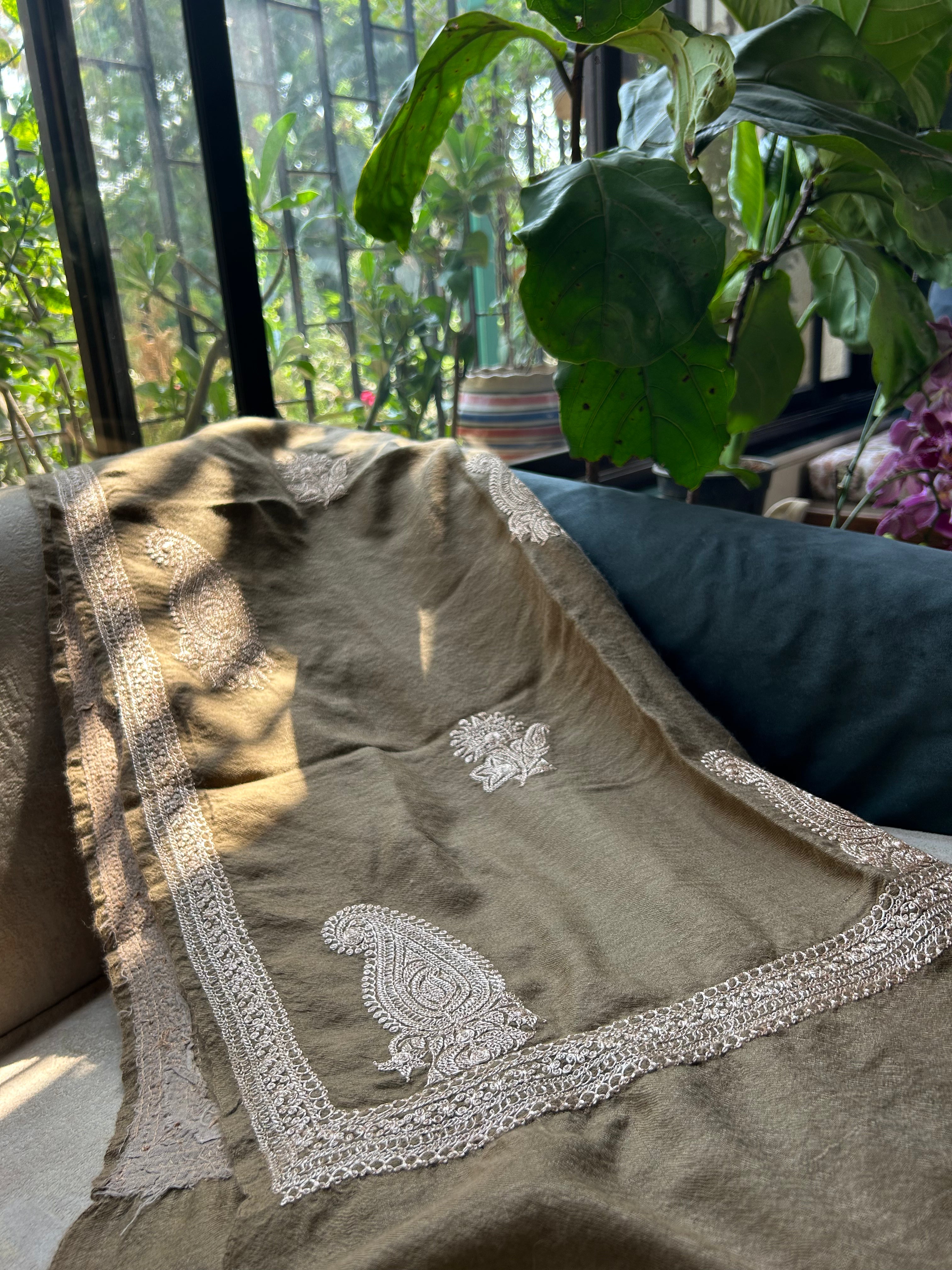 Brown Hand Tilla Embroidered Pure Pashmina Stole