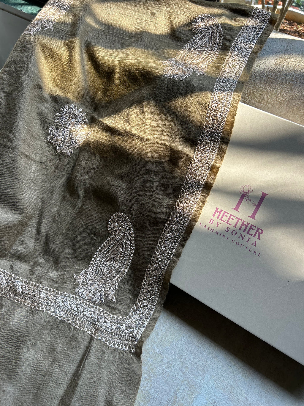 Brown Hand Tilla Embroidered Pure Pashmina Stole