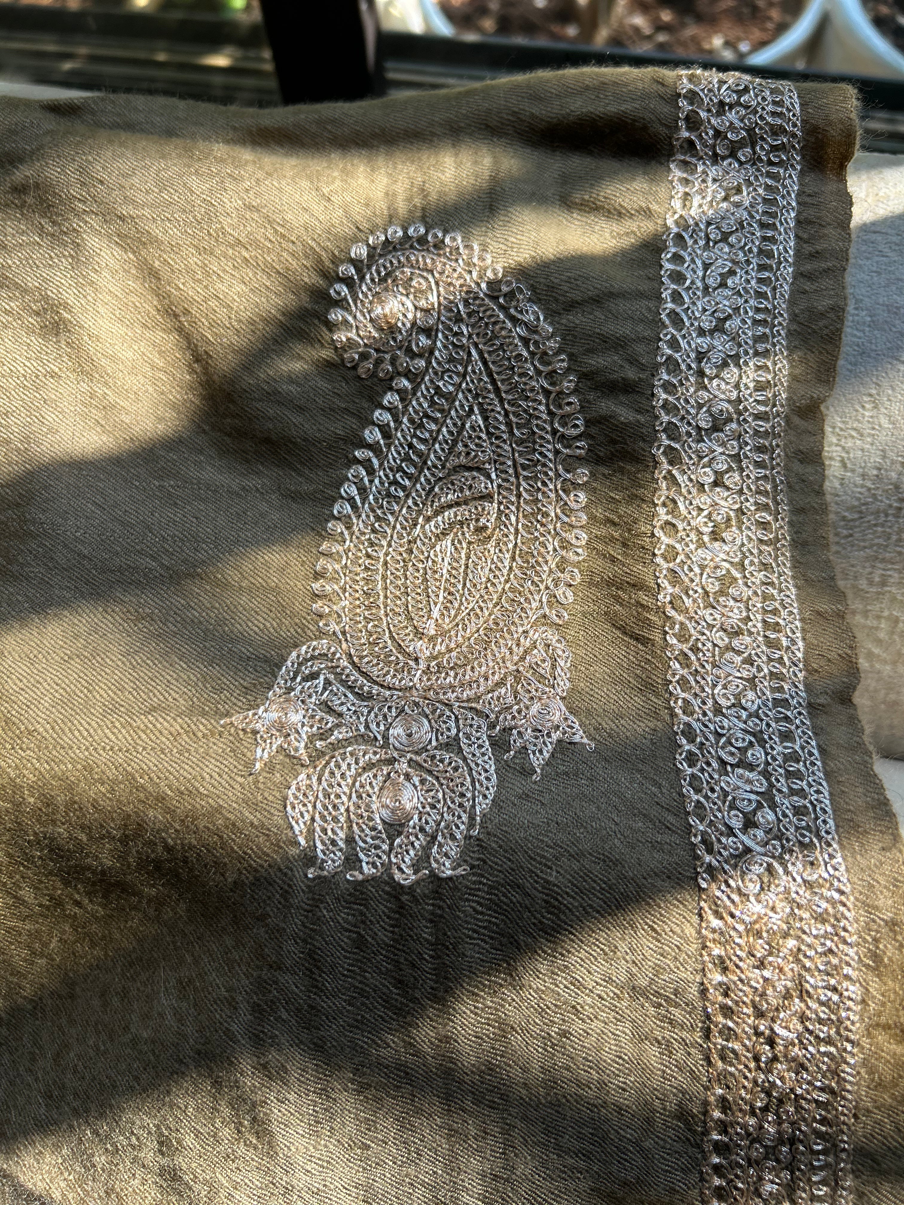 Brown Hand Tilla Embroidered Pure Pashmina Stole