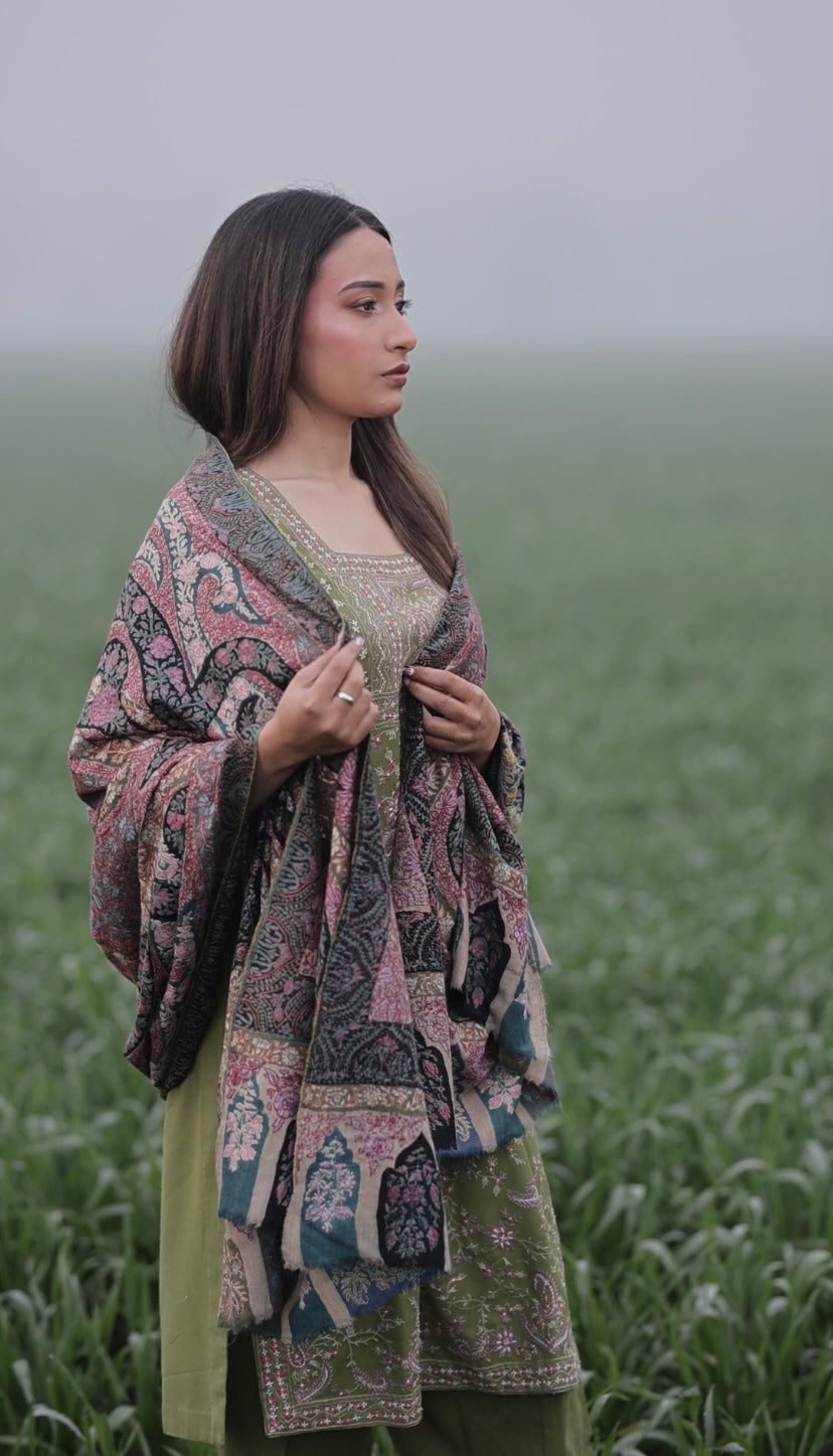 Kalamkari Sozni Hand-Embroidered Pure Pashmina Heirloom Shawl