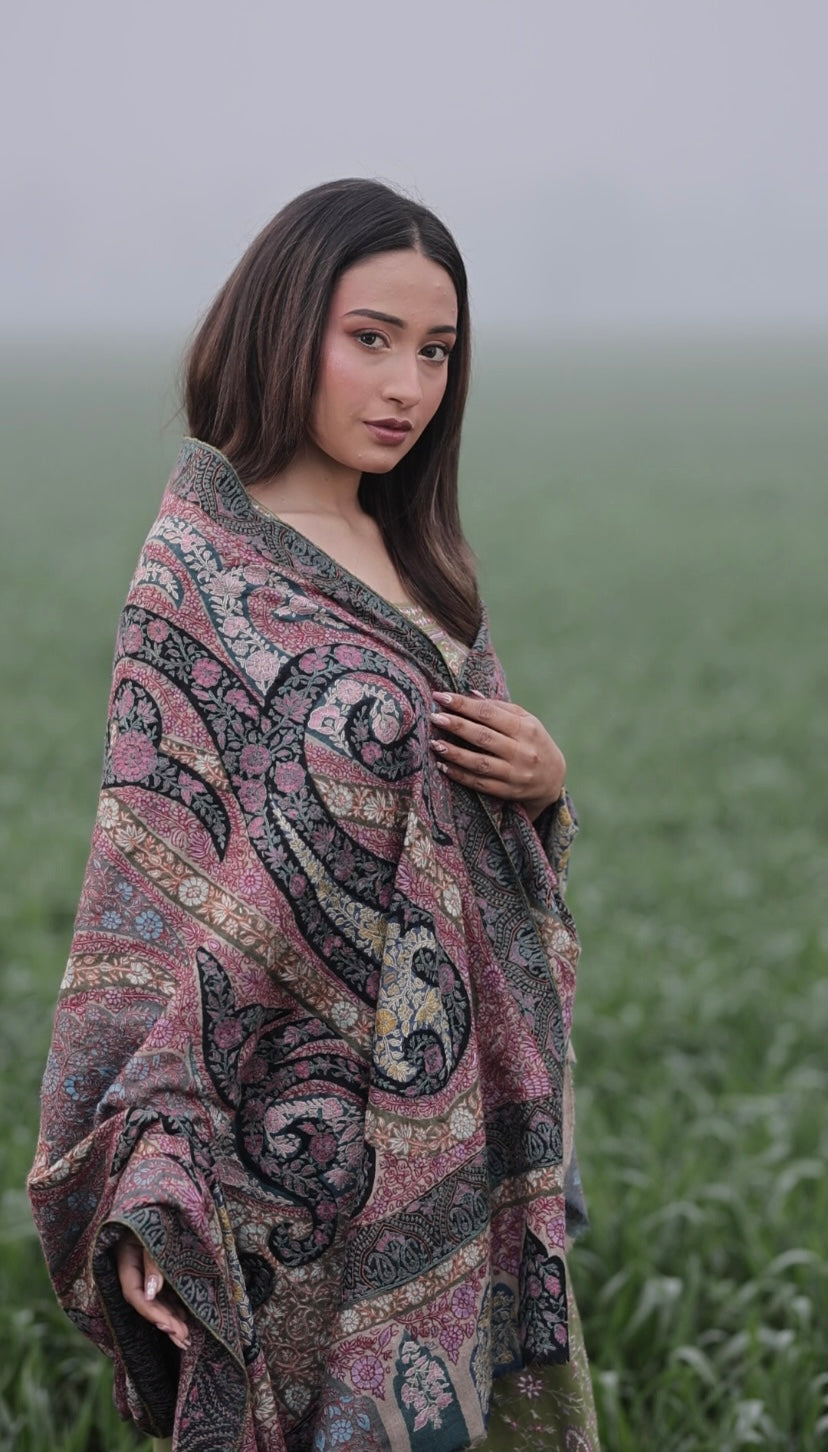 Kalamkari Sozni Hand-Embroidered Pure Pashmina Heirloom Shawl