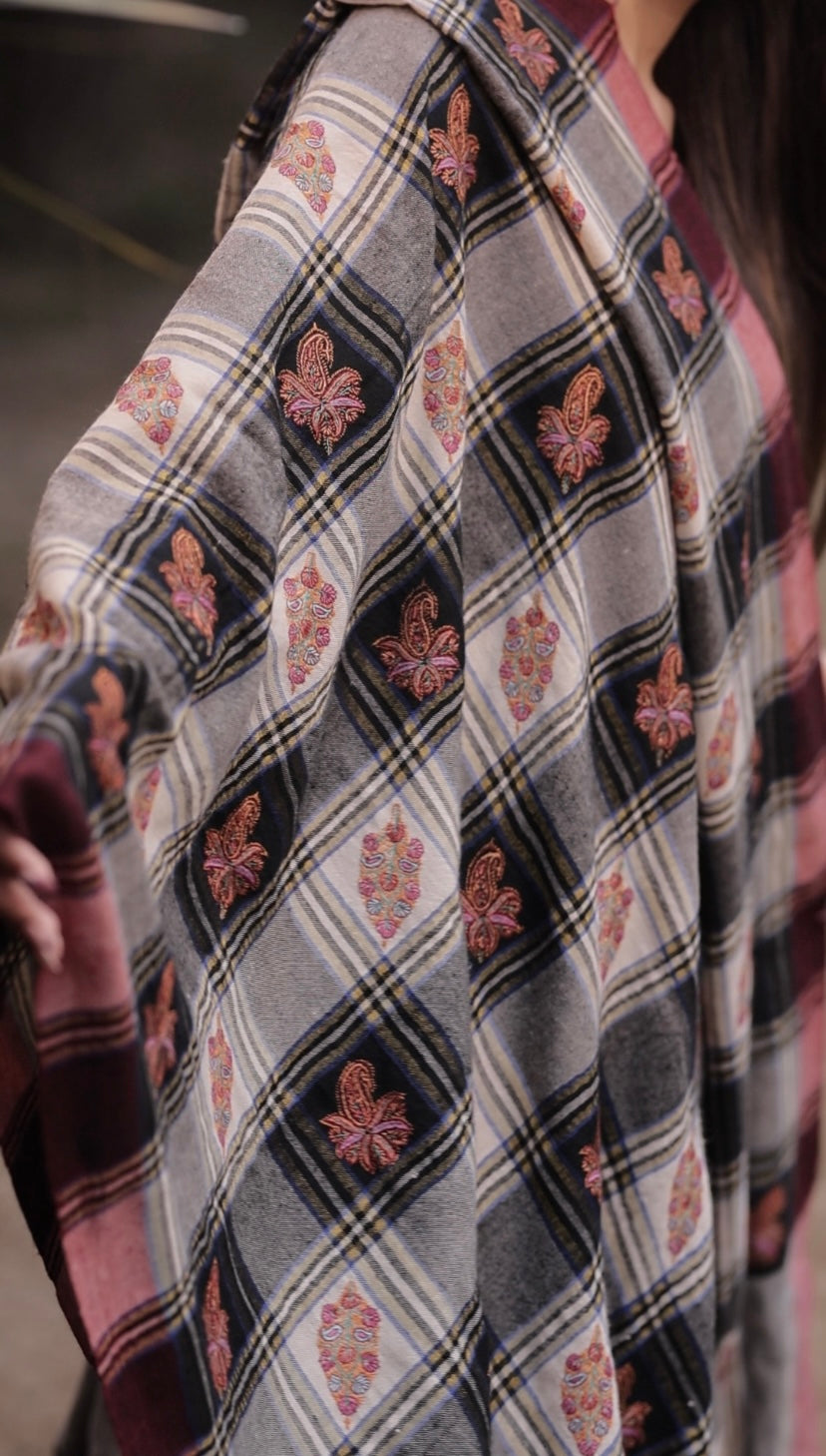 Sozni Hand-Embroidered Pure Pashmina Checks Shawl