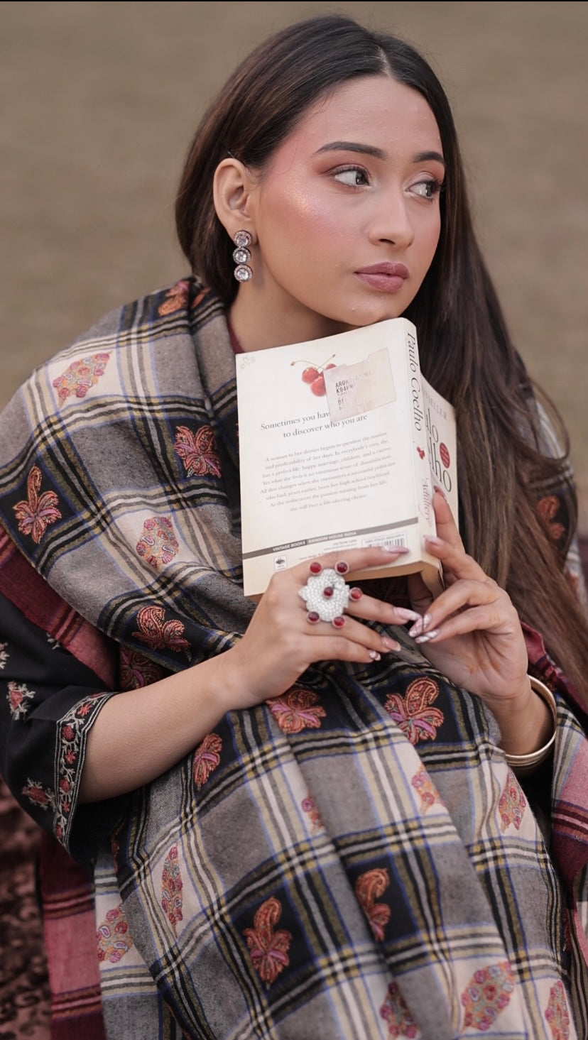 Sozni Hand-Embroidered Pure Pashmina Checks Shawl