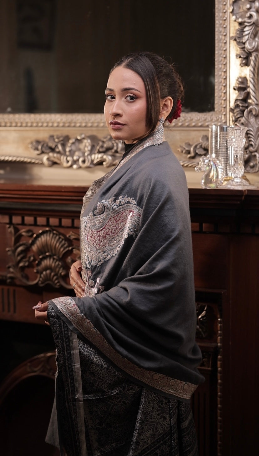 Metallic Tilla Hand-Embroidered Pure Pashmina Heritage Shawl