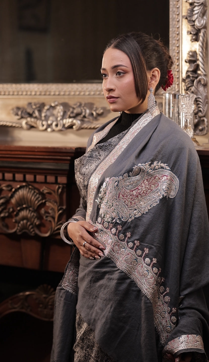 Metallic Tilla Hand-Embroidered Pure Pashmina Heritage Shawl