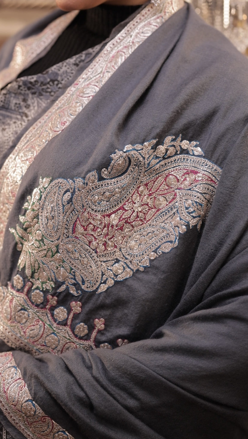 Metallic Tilla Hand-Embroidered Pure Pashmina Heritage Shawl
