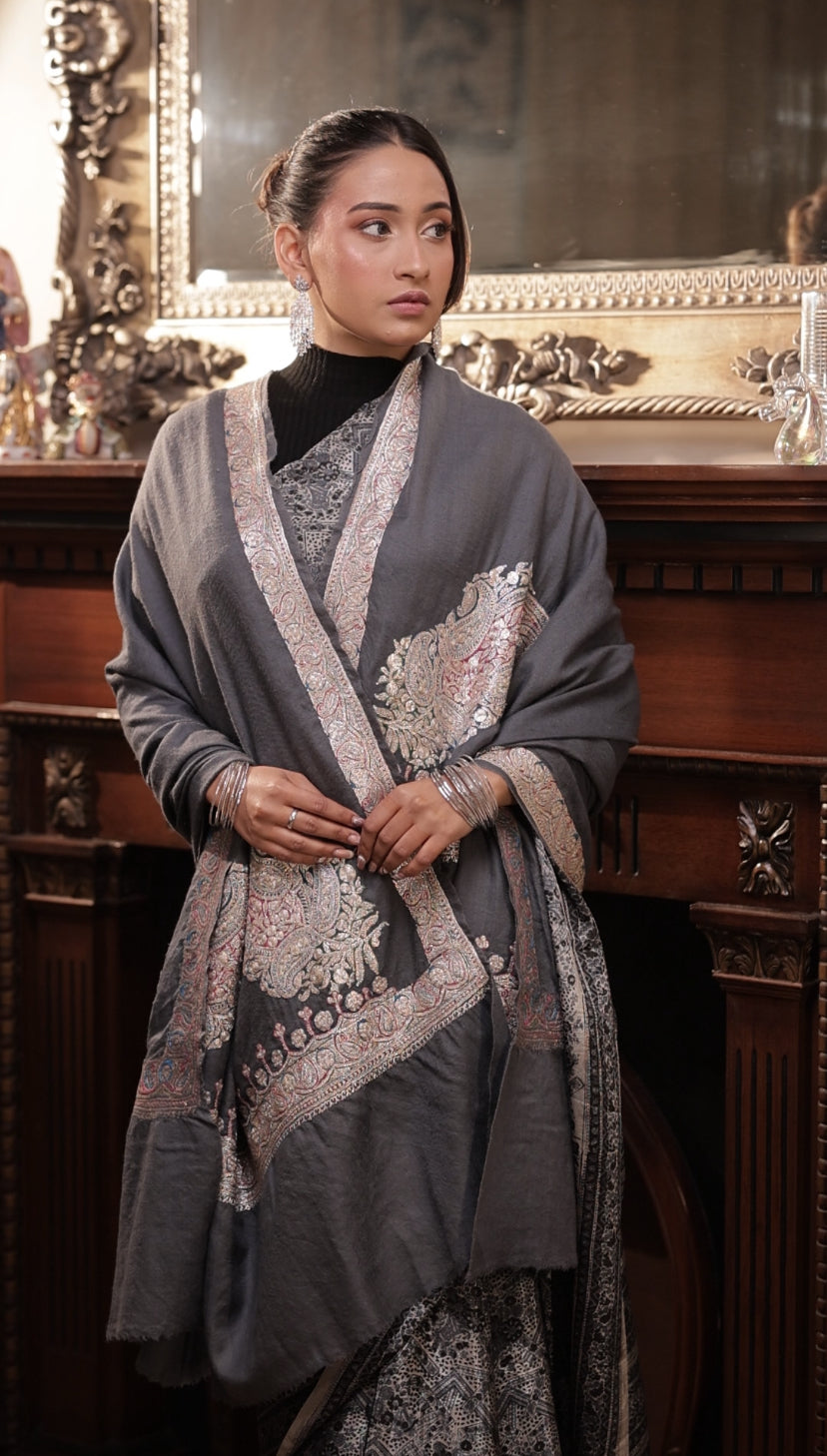 Metallic Tilla Hand-Embroidered Pure Pashmina Heritage Shawl
