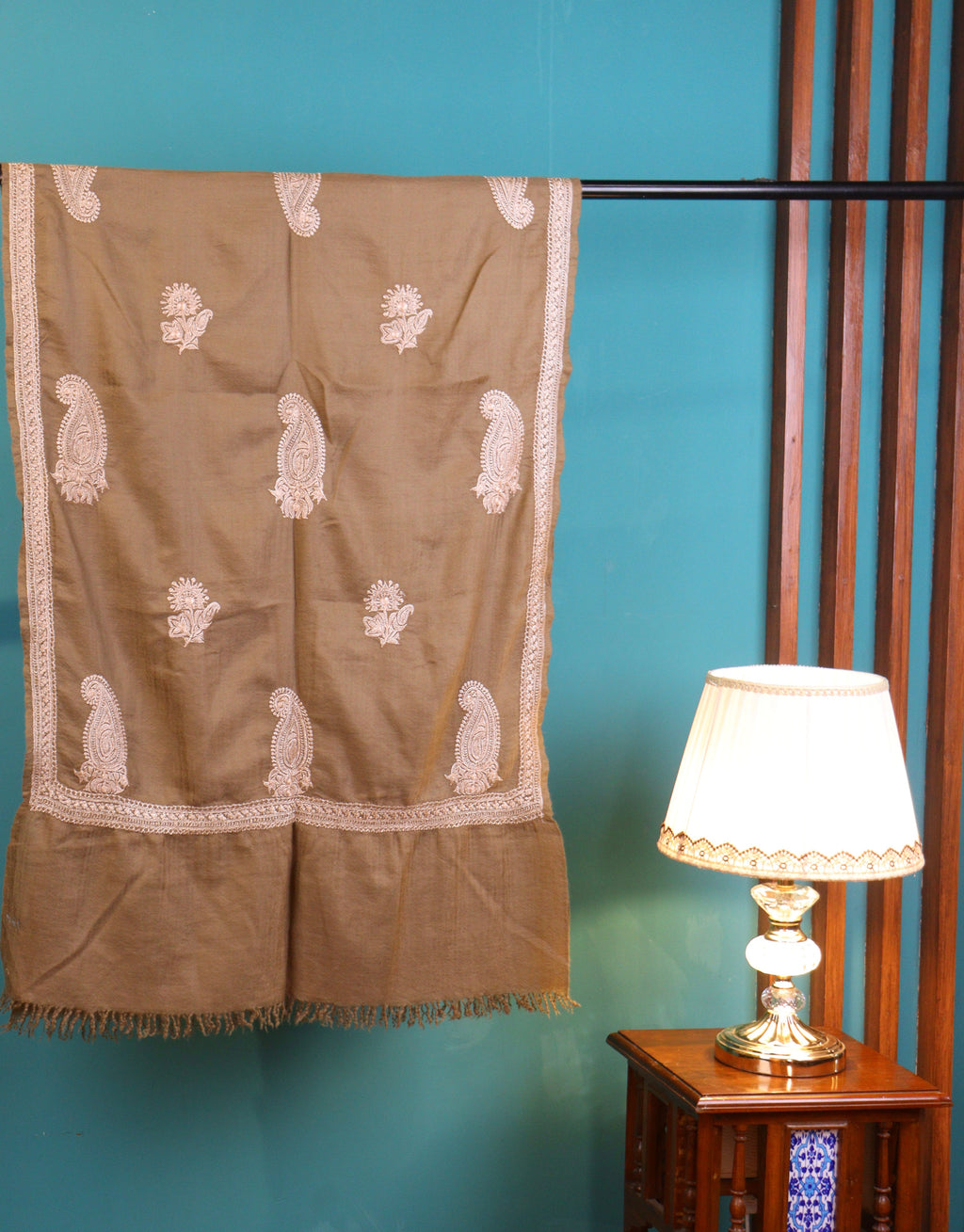 Brown Hand Tilla Embroidered Pure Pashmina Stole