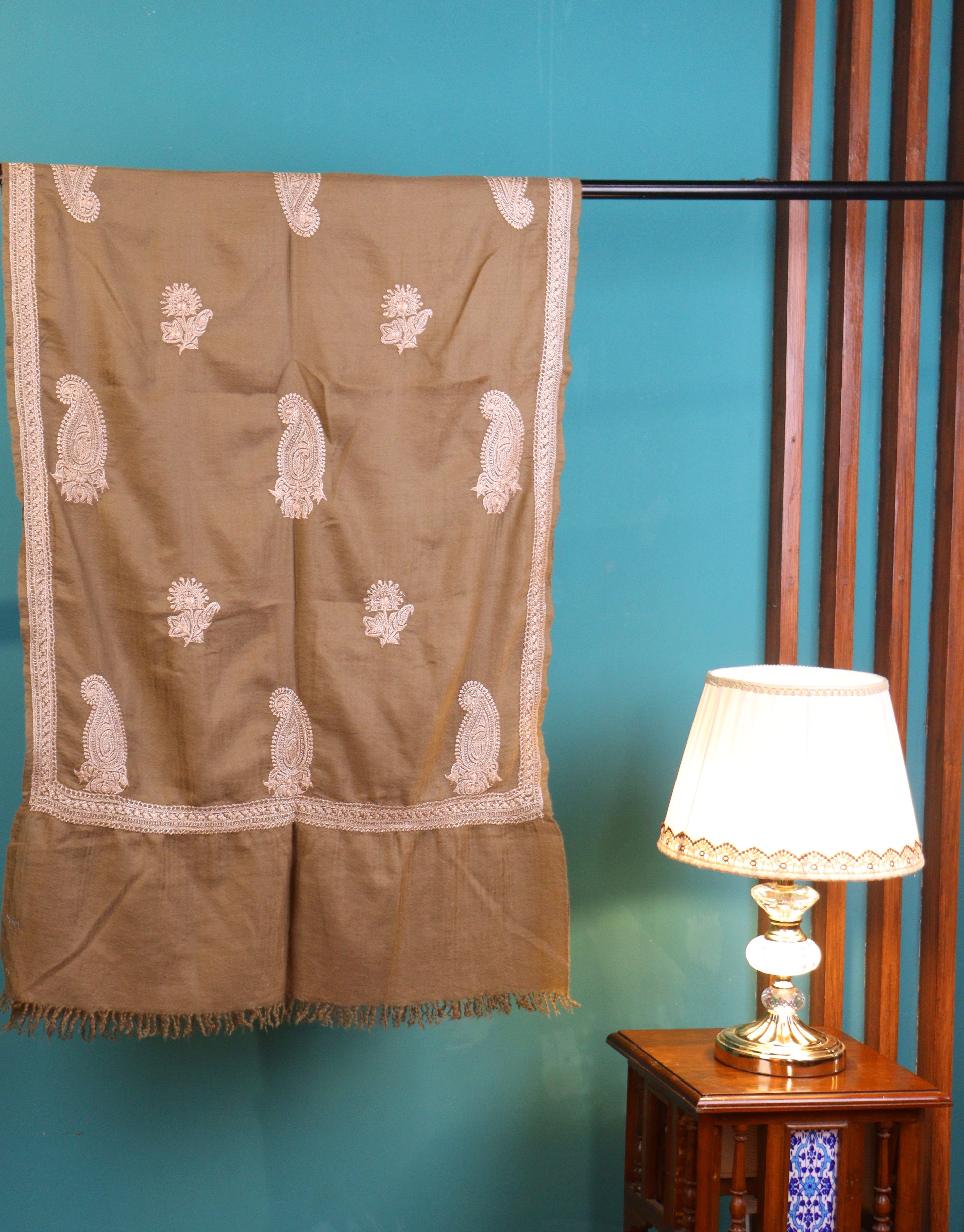 Brown Hand Tilla Embroidered Pure Pashmina Stole