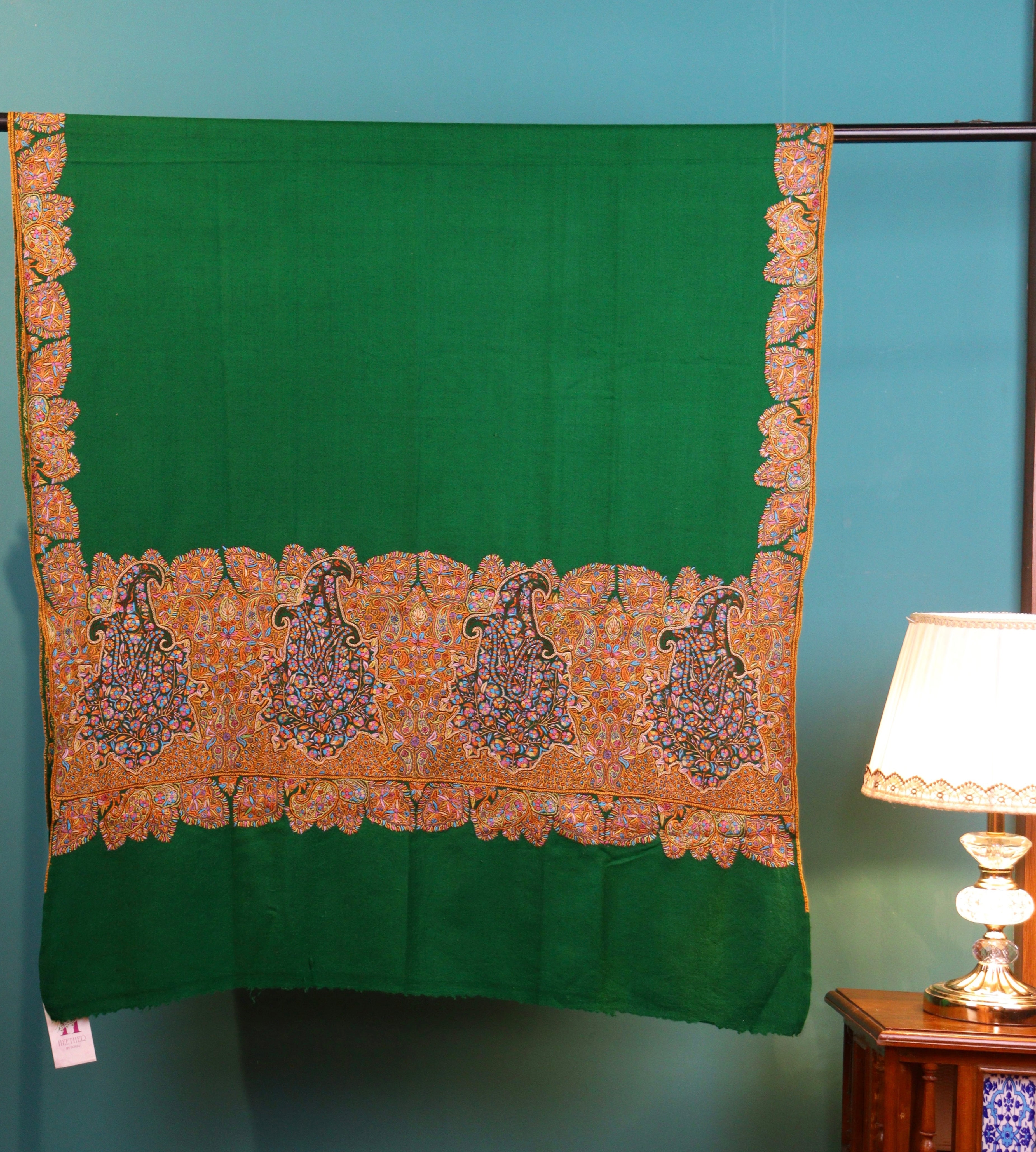 Green Hand Sozni Embroidered — Basoli Pure Pashmina Shawl