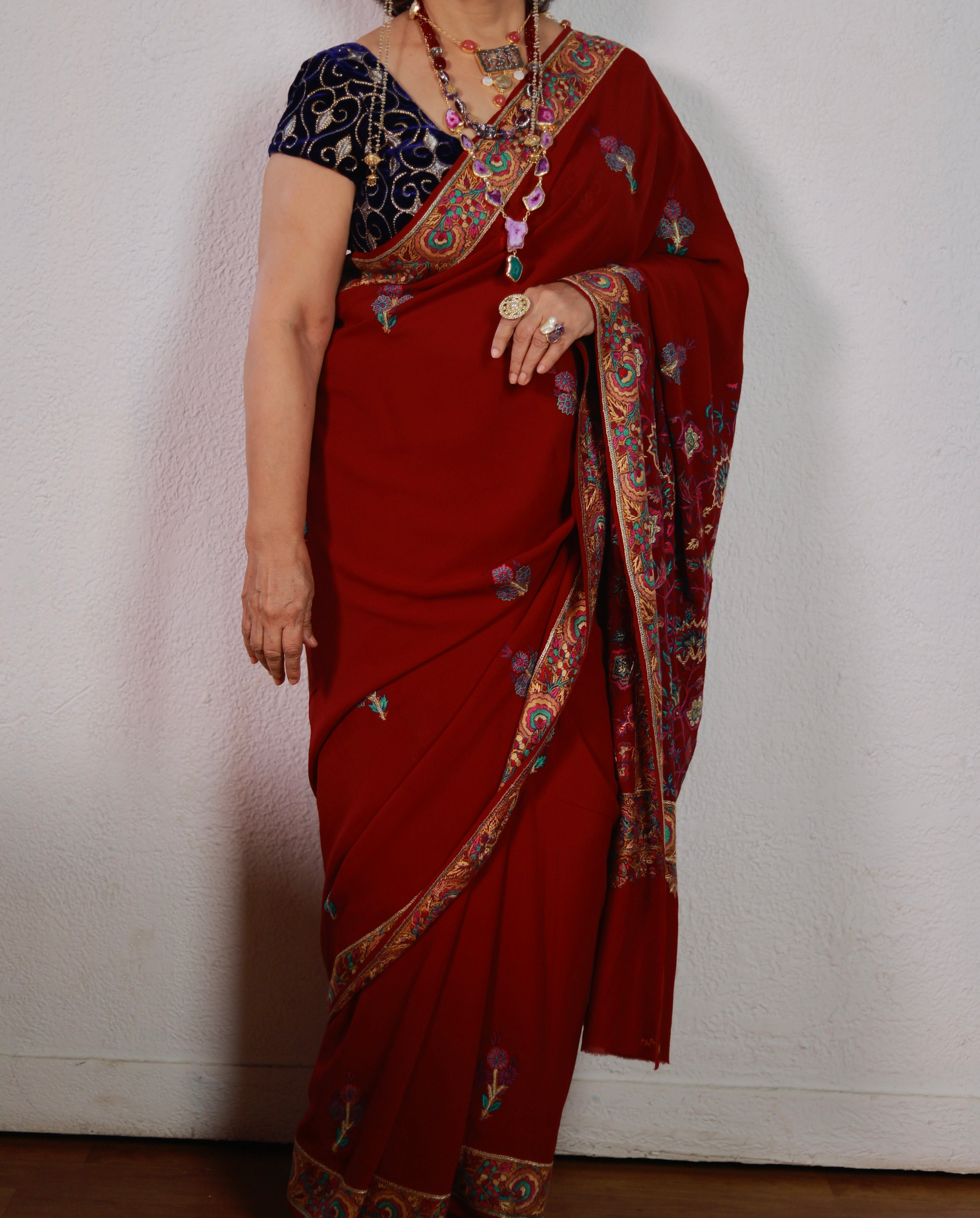 Cherry Red Georgette Saree – Handcrafted Paper Mâché & Tilla Embroidery