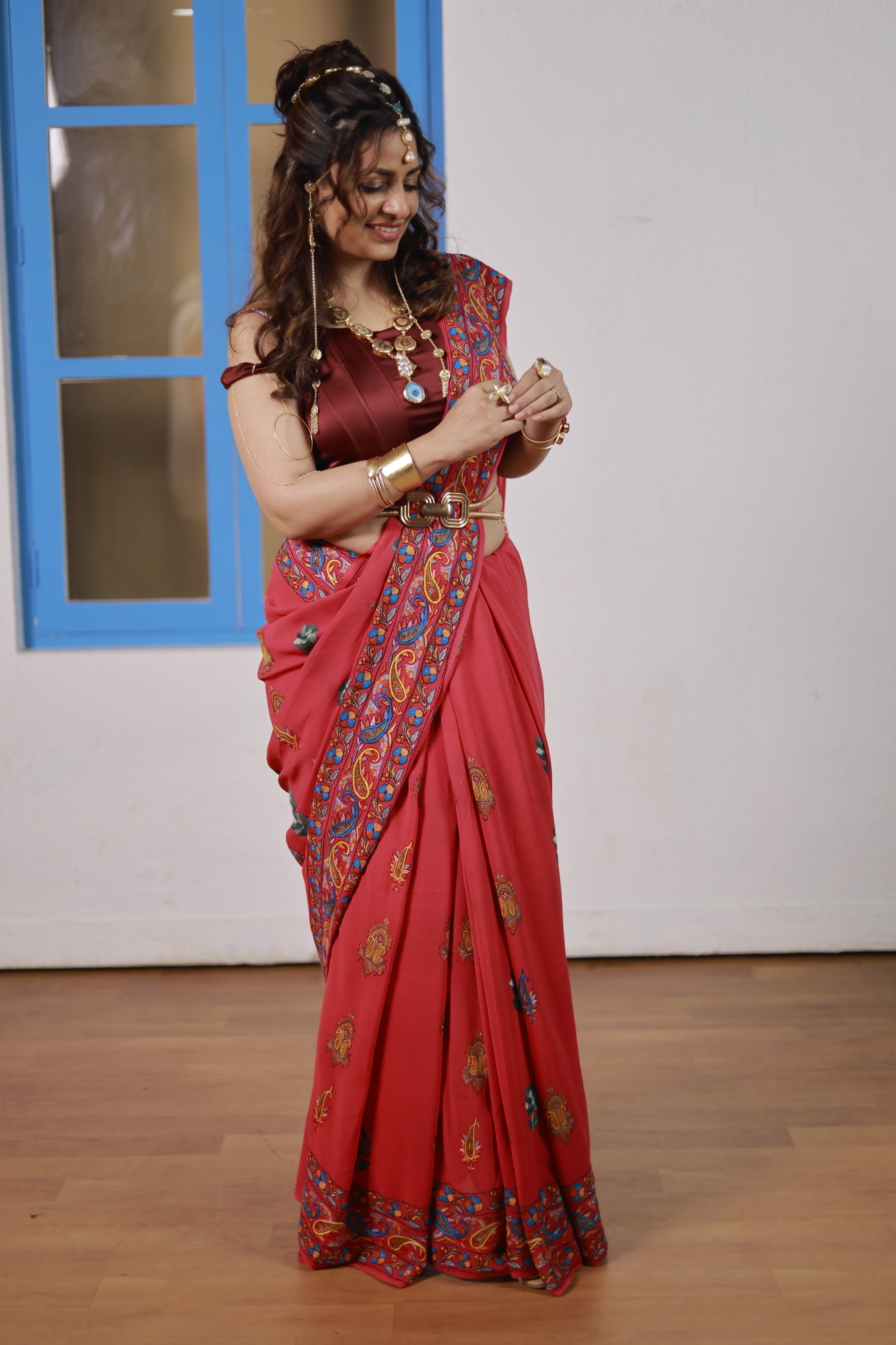 Maroon Crepe Saree – Handcrafted Sozni, Aari & Tilla Embroidery