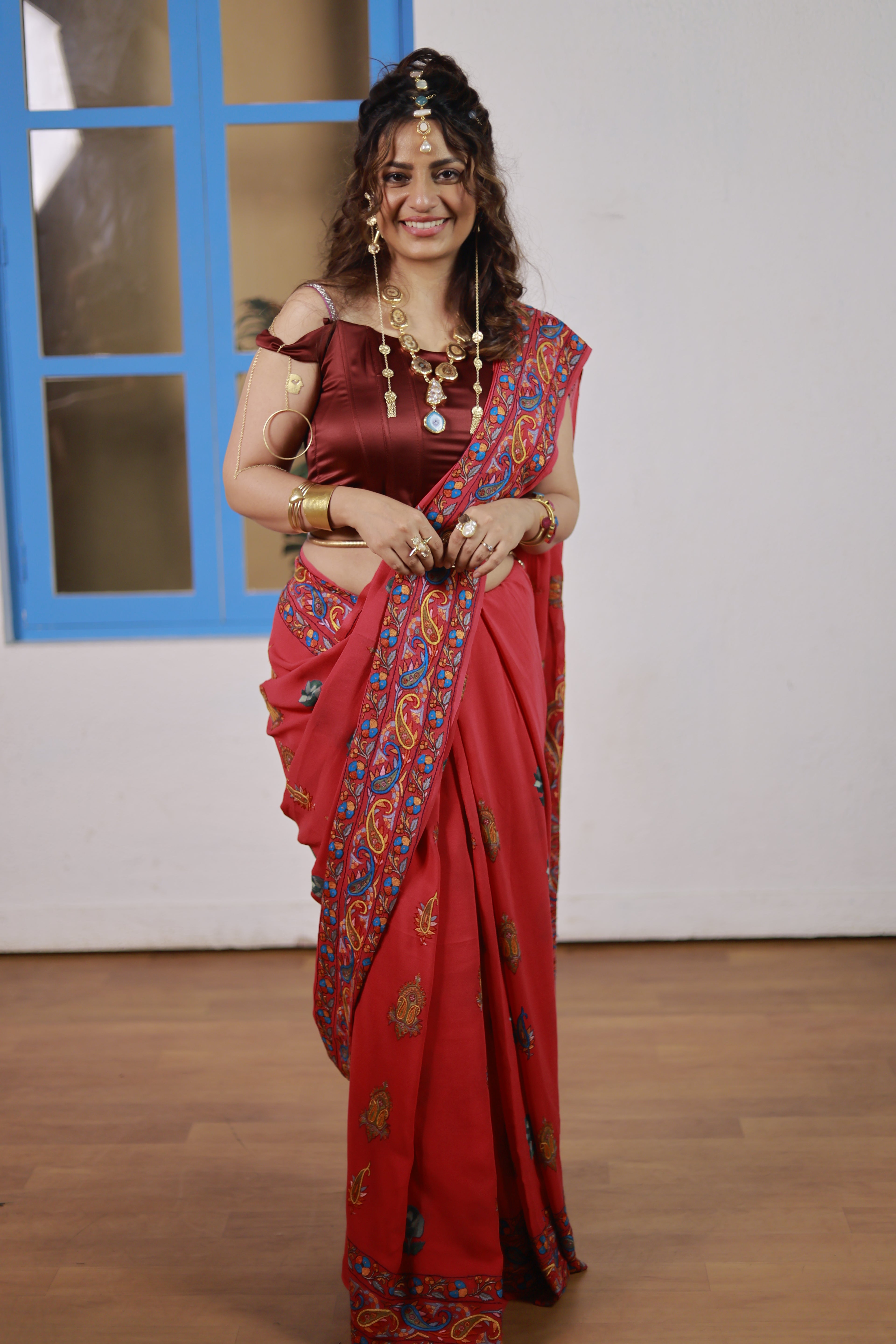 Maroon Crepe Saree – Handcrafted Sozni, Aari & Tilla Embroidery