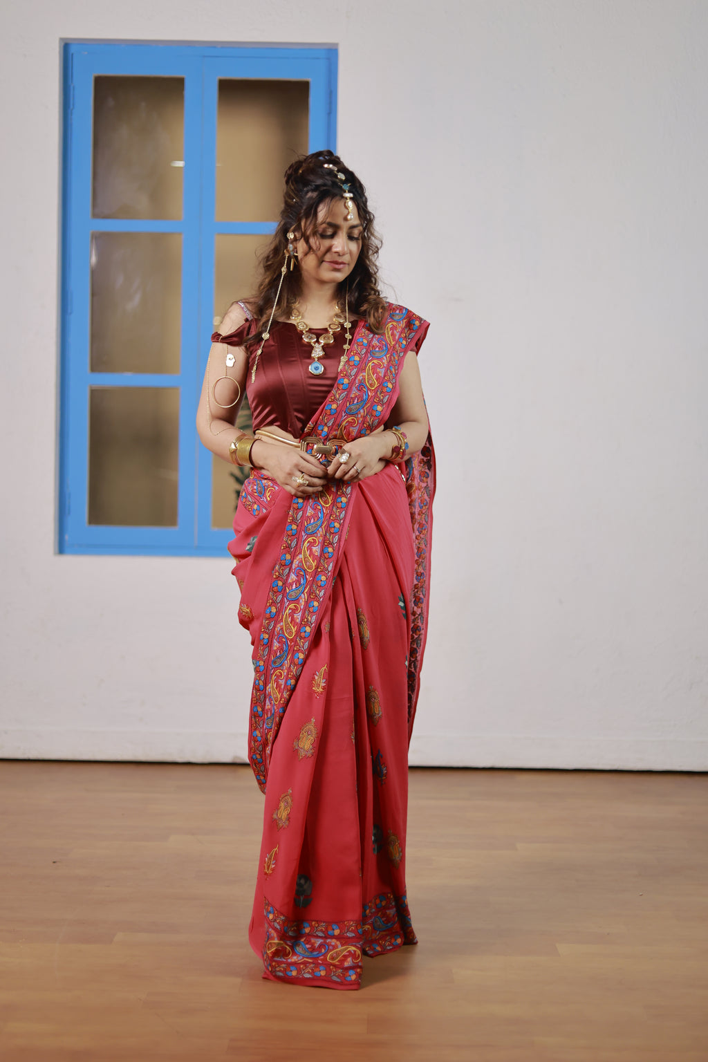 Maroon Crepe Saree – Handcrafted Sozni, Aari & Tilla Embroidery