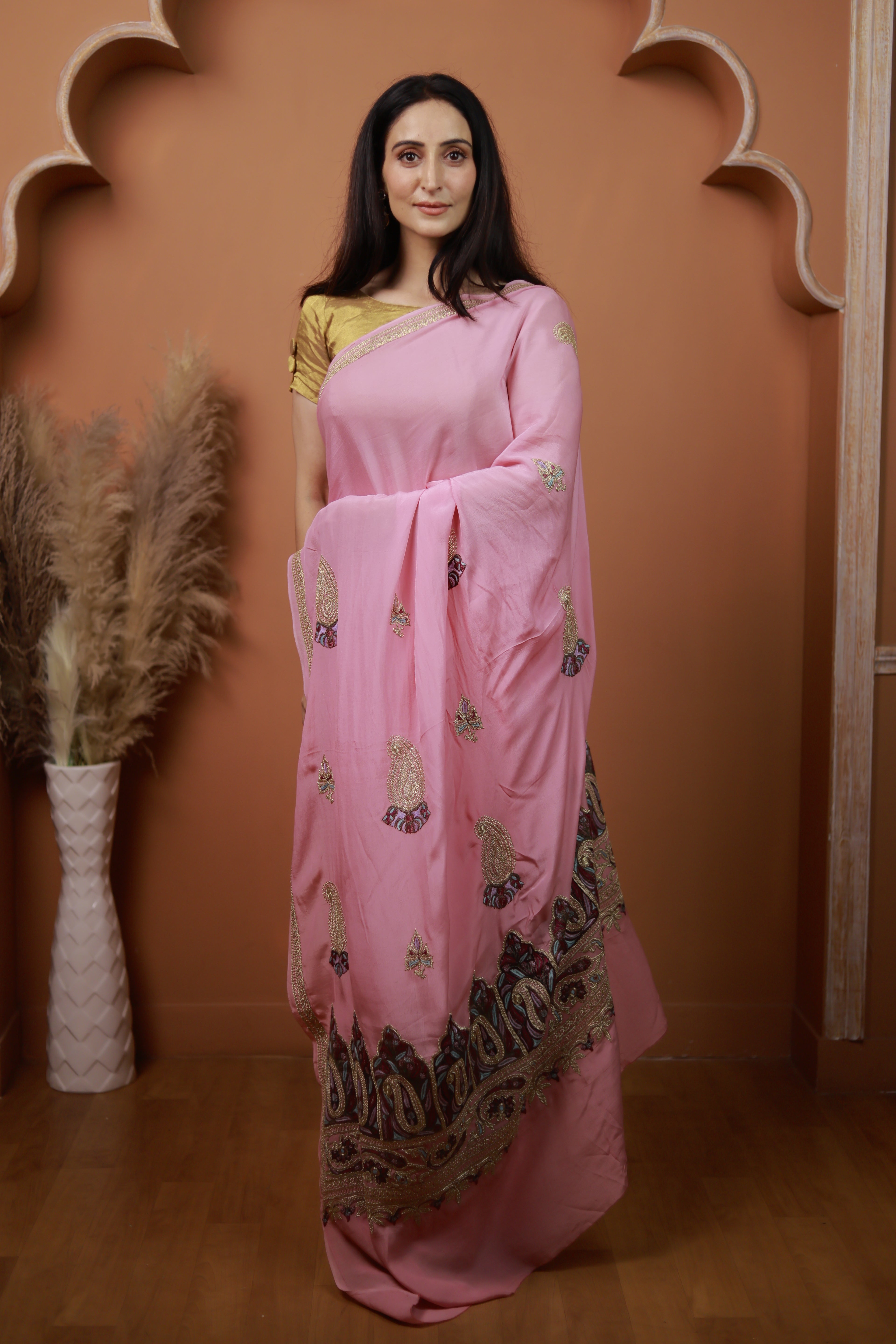 Pink Crepe Saree – Handcrafted Sozni & Tilla Embroidery