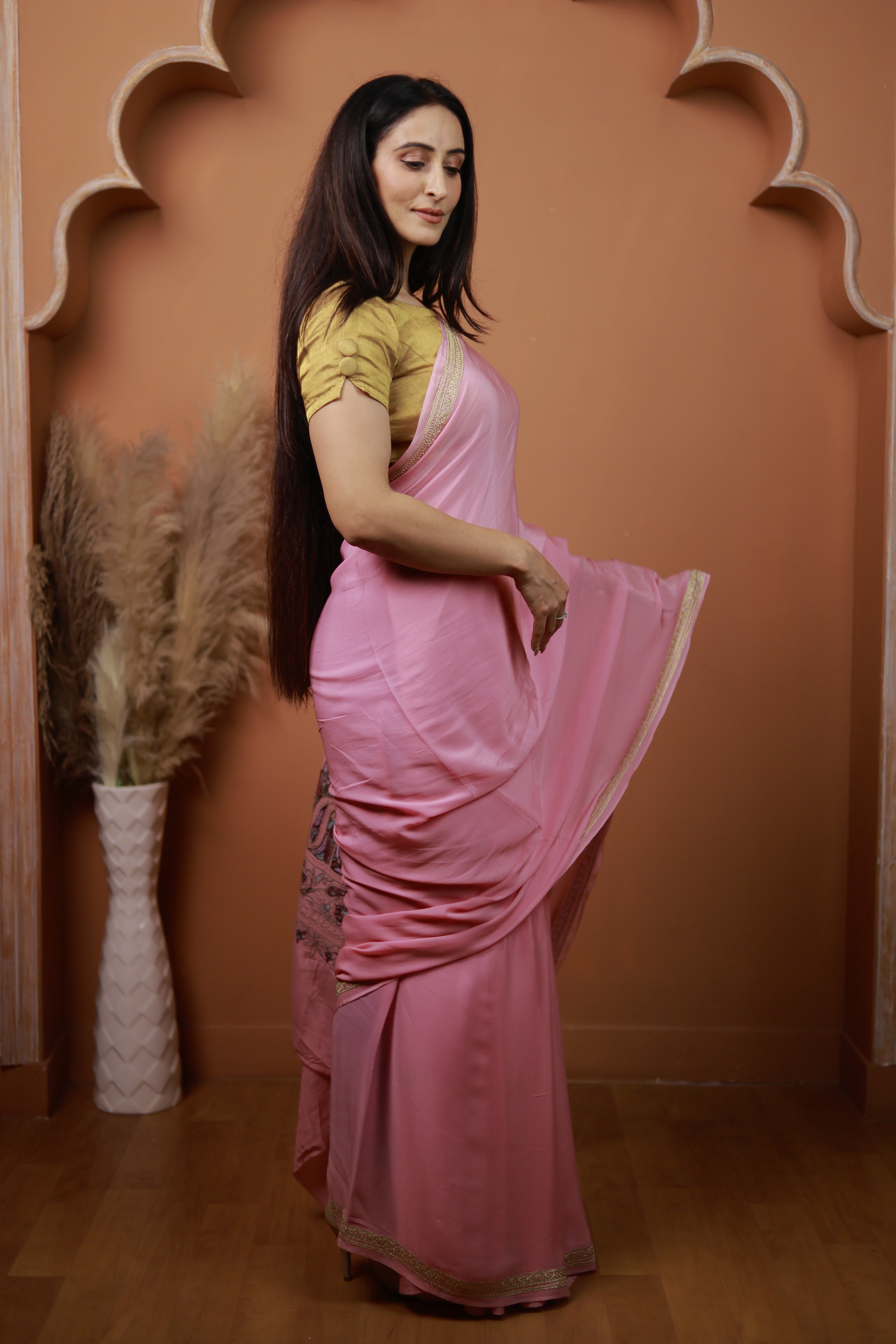Pink Crepe Saree – Handcrafted Sozni & Tilla Embroidery