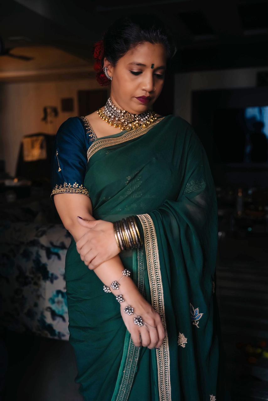 Green Georgette Saree – Handcrafted Tilla & Sozni Embroidery