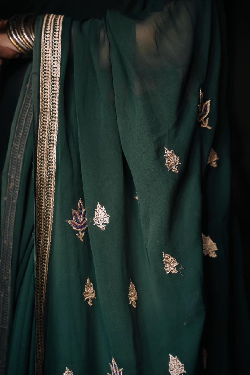 Green Georgette Saree – Handcrafted Tilla & Sozni Embroidery
