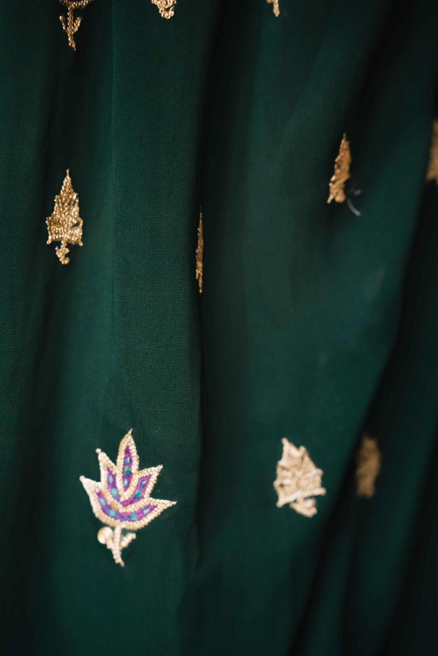 Green Georgette Saree – Handcrafted Tilla & Sozni Embroidery