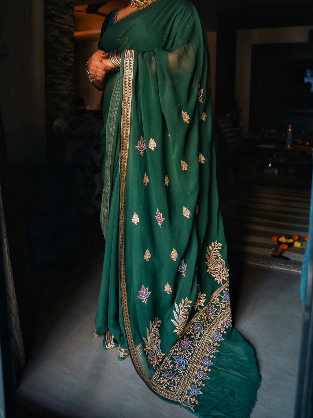 Green Georgette Saree – Handcrafted Tilla & Sozni Embroidery